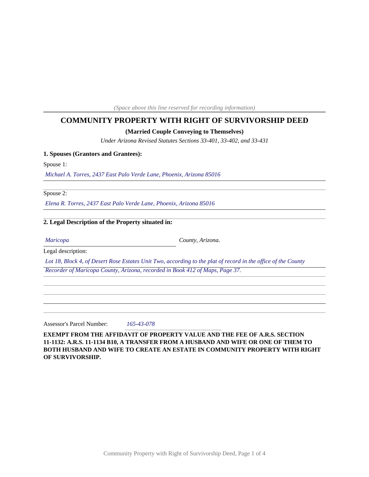 Gila County Completed Example of the Community Property with Right of Survivorship Deed Document