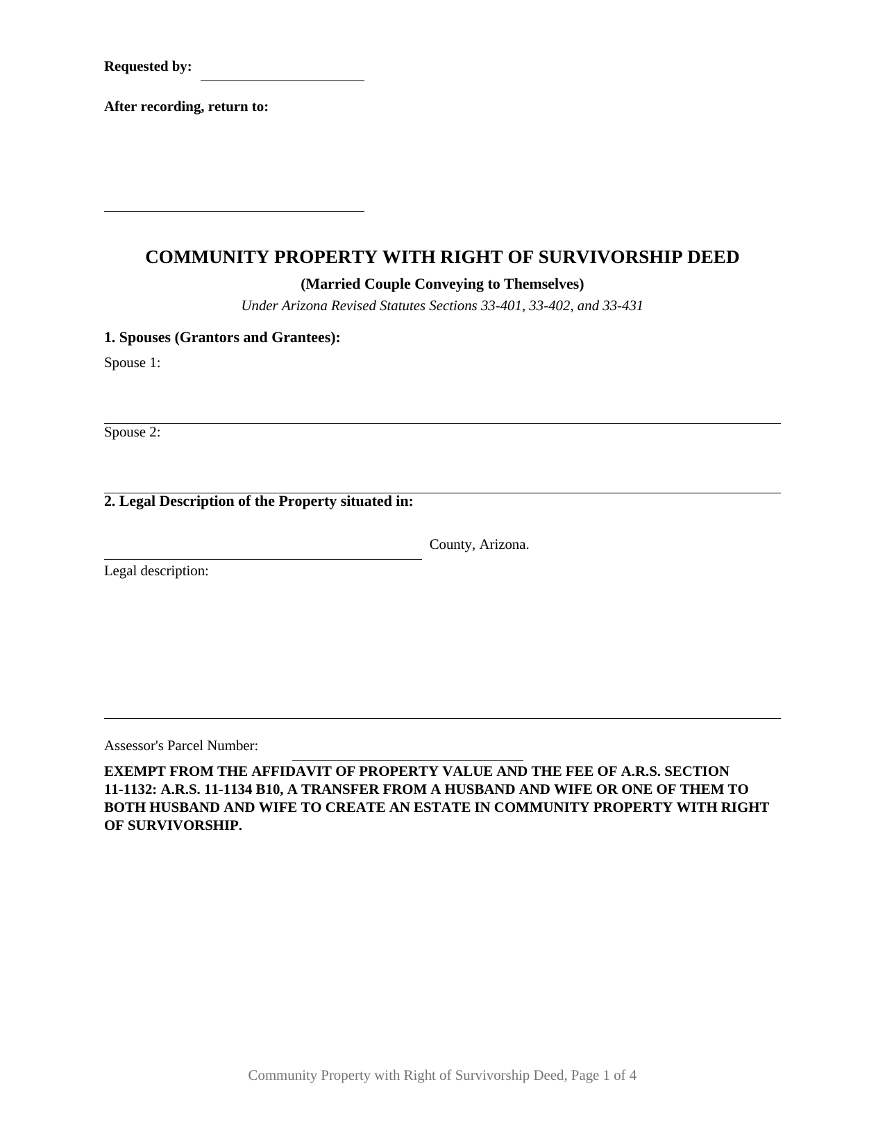 Pinal County Community Property with Right of Survivorship Deed Form