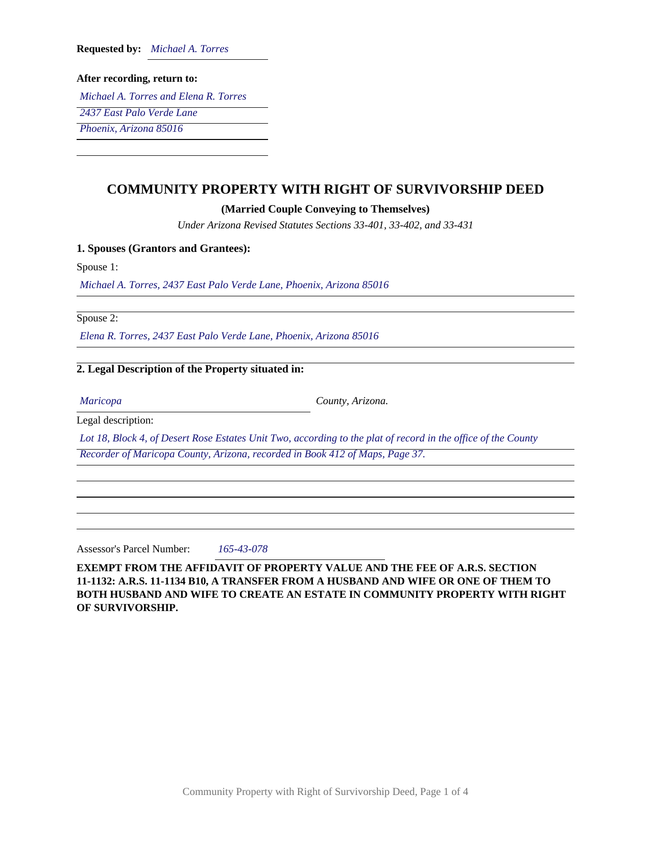 Pinal County Completed Example of the Community Property with Right of Survivorship Deed Document