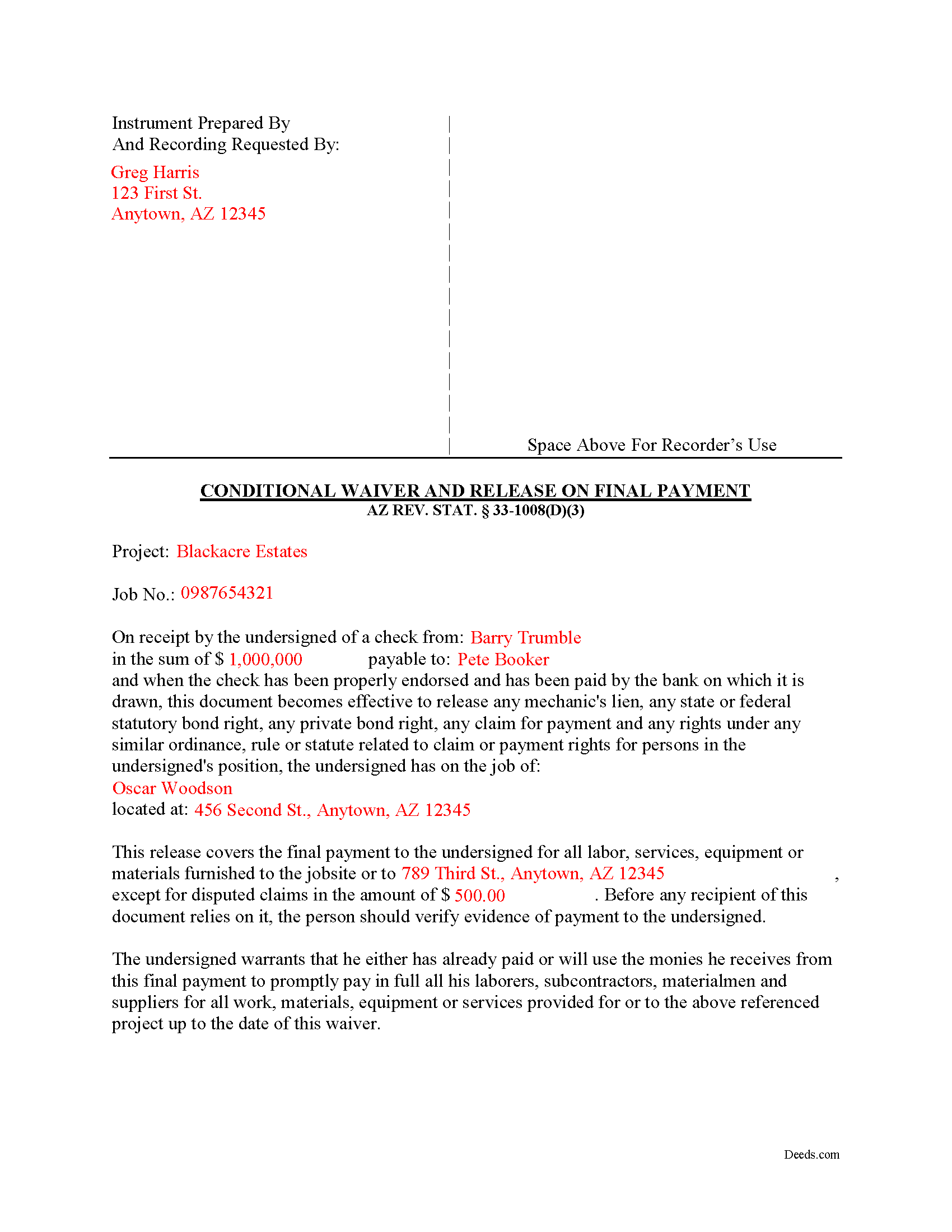 Completed Example of the Conditional Lien Waiver on Final Payment Document