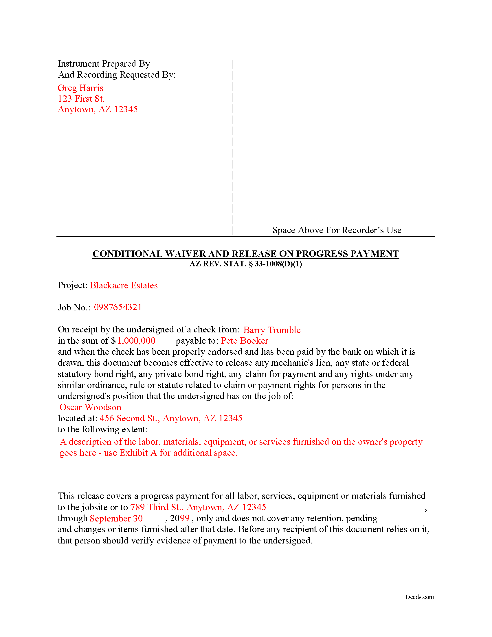 Completed Example of the Unconditional Lien Waiver on Progress Payment Document