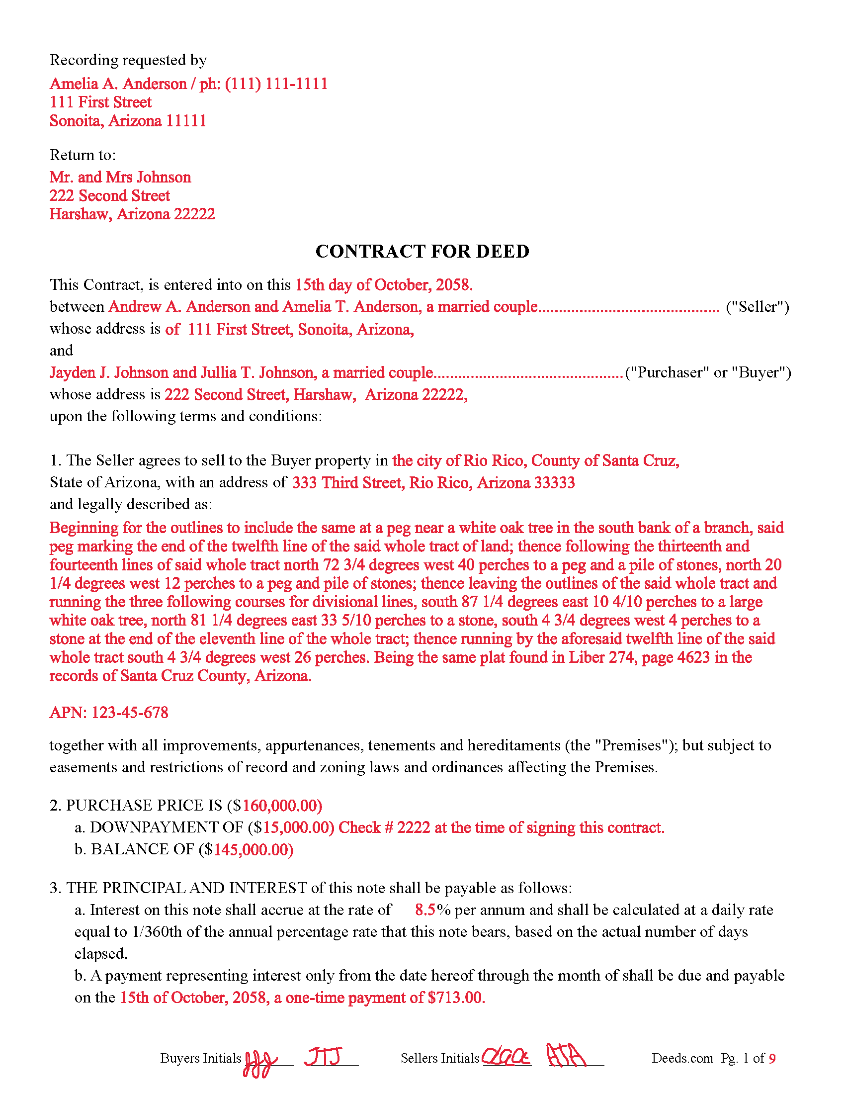 Yavapai County Completed Example of the Contract for Deed Document