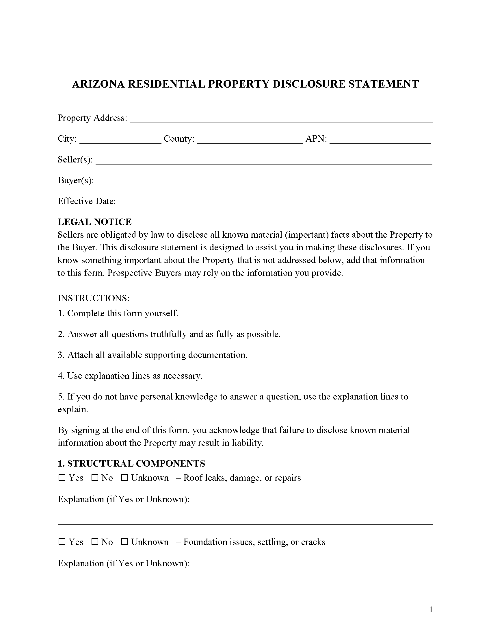 Mohave County Sellers Residential Property Disclosure Form