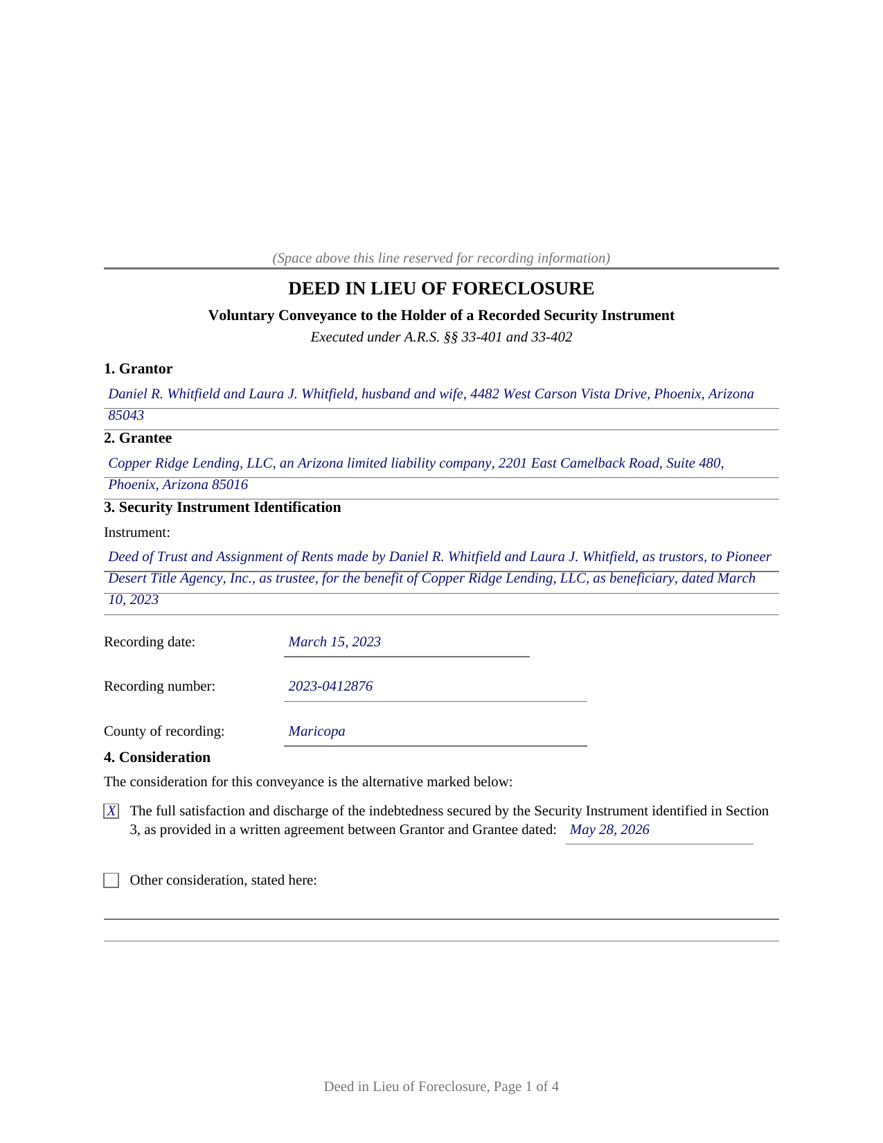 Gila County Completed Example of the Deed in Lieu of Foreclosure Document