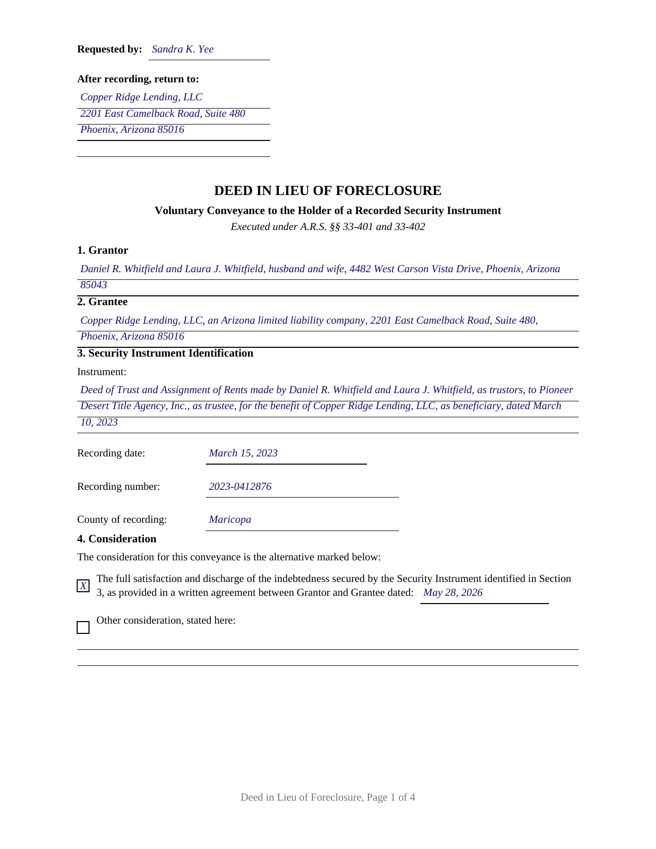 Apache County Completed Example of the Deed in Lieu of Foreclosure Document