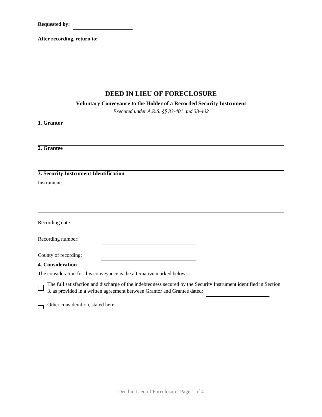 Apache County Deed in Lieu of Foreclosure Form