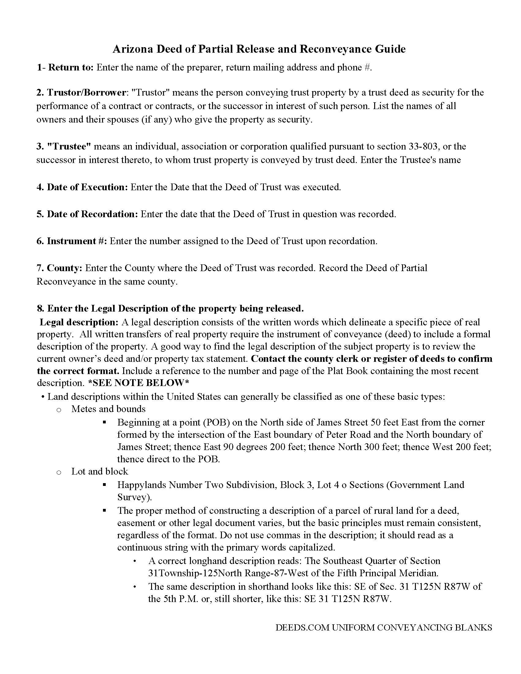 Greenlee County Guidelines for Deed of Partial Release and Partial Reconveyance