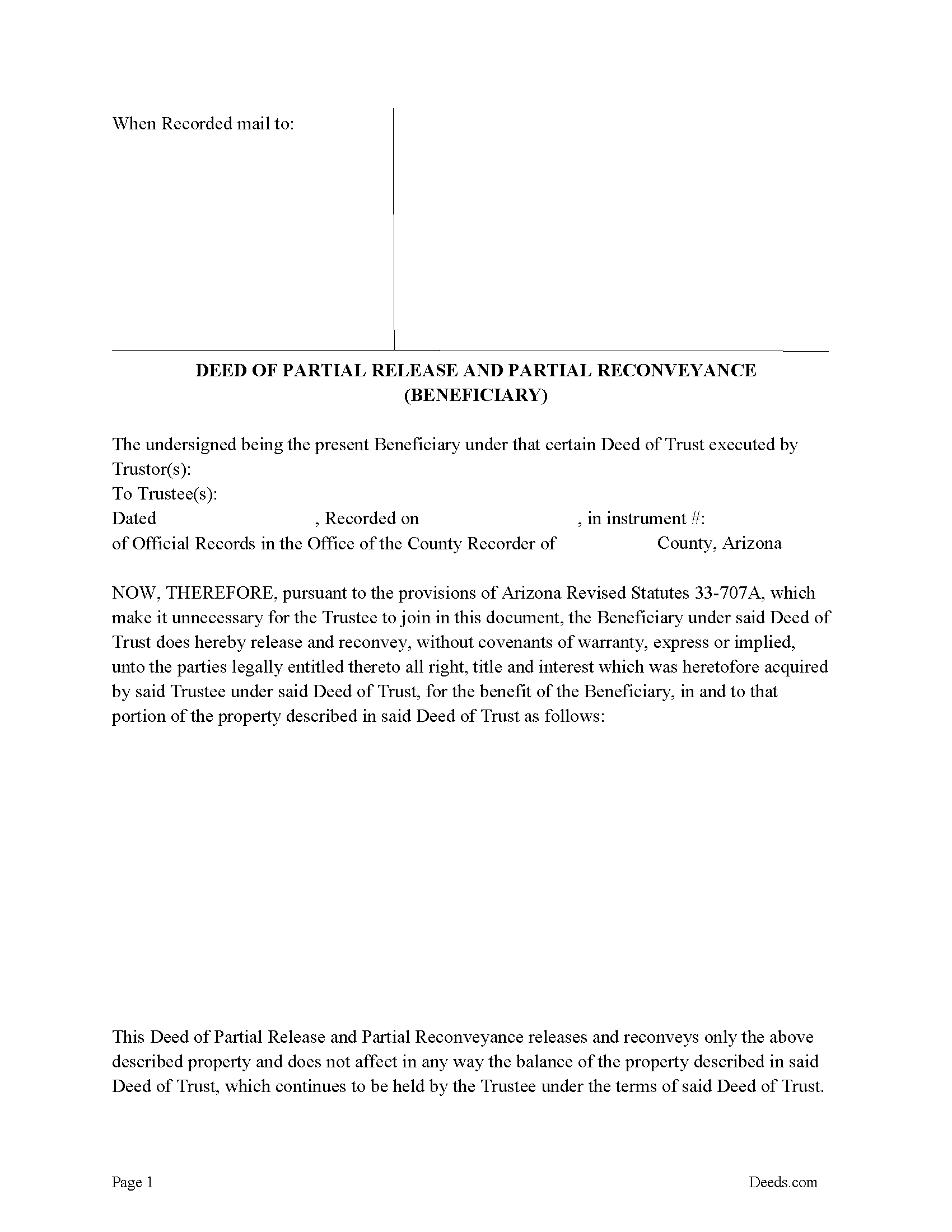 Greenlee County Deed of Partial Release and Partial Reconveyance Form