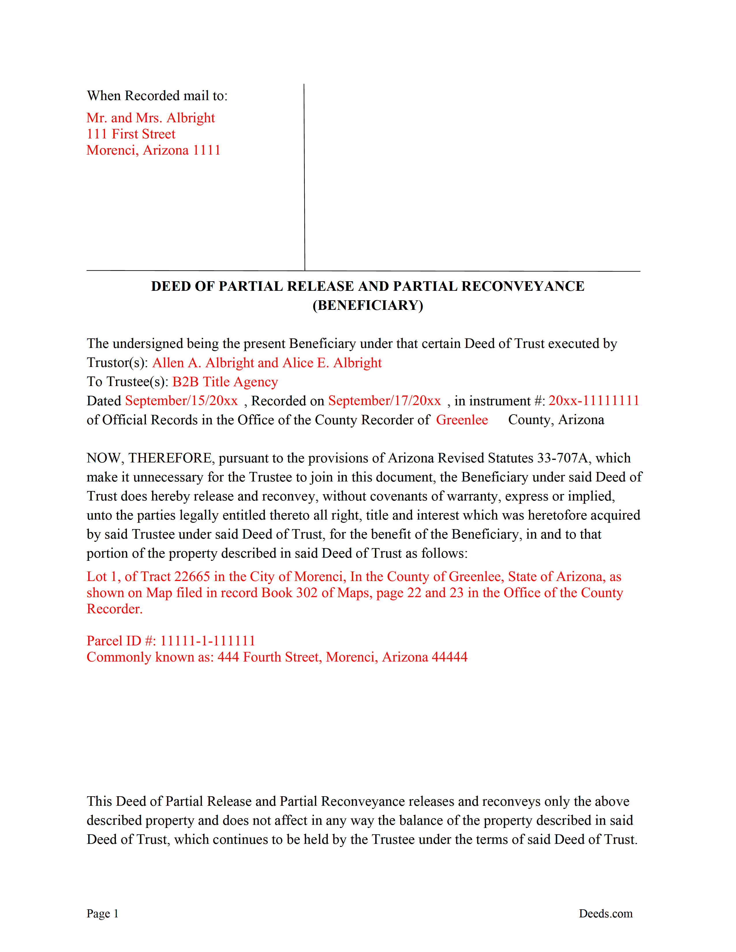 Greenlee County Completed Example of the Deed of Partial Release and Partial Reconveyance Document