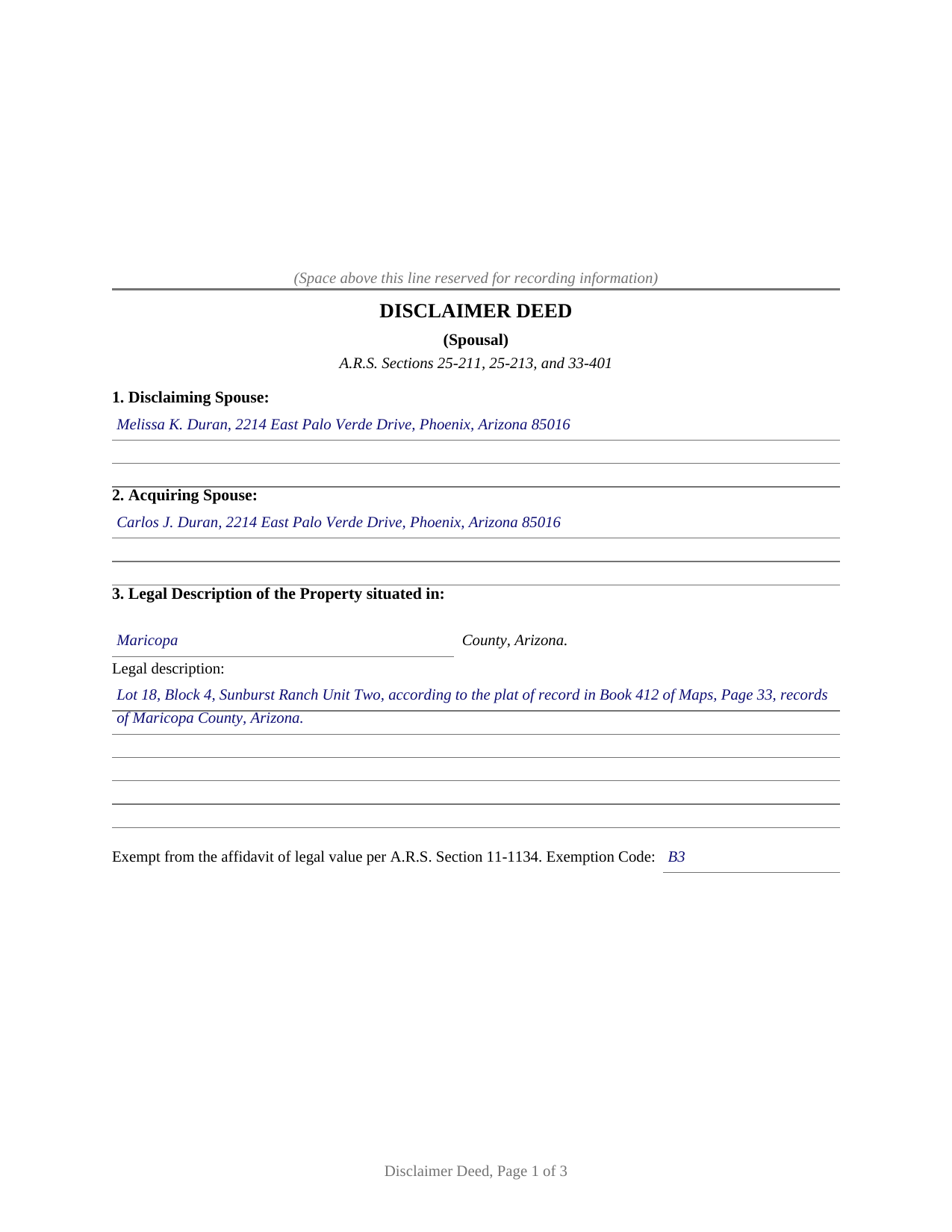 Gila County Completed Example of the Disclaimer Deed (Spousal) Document