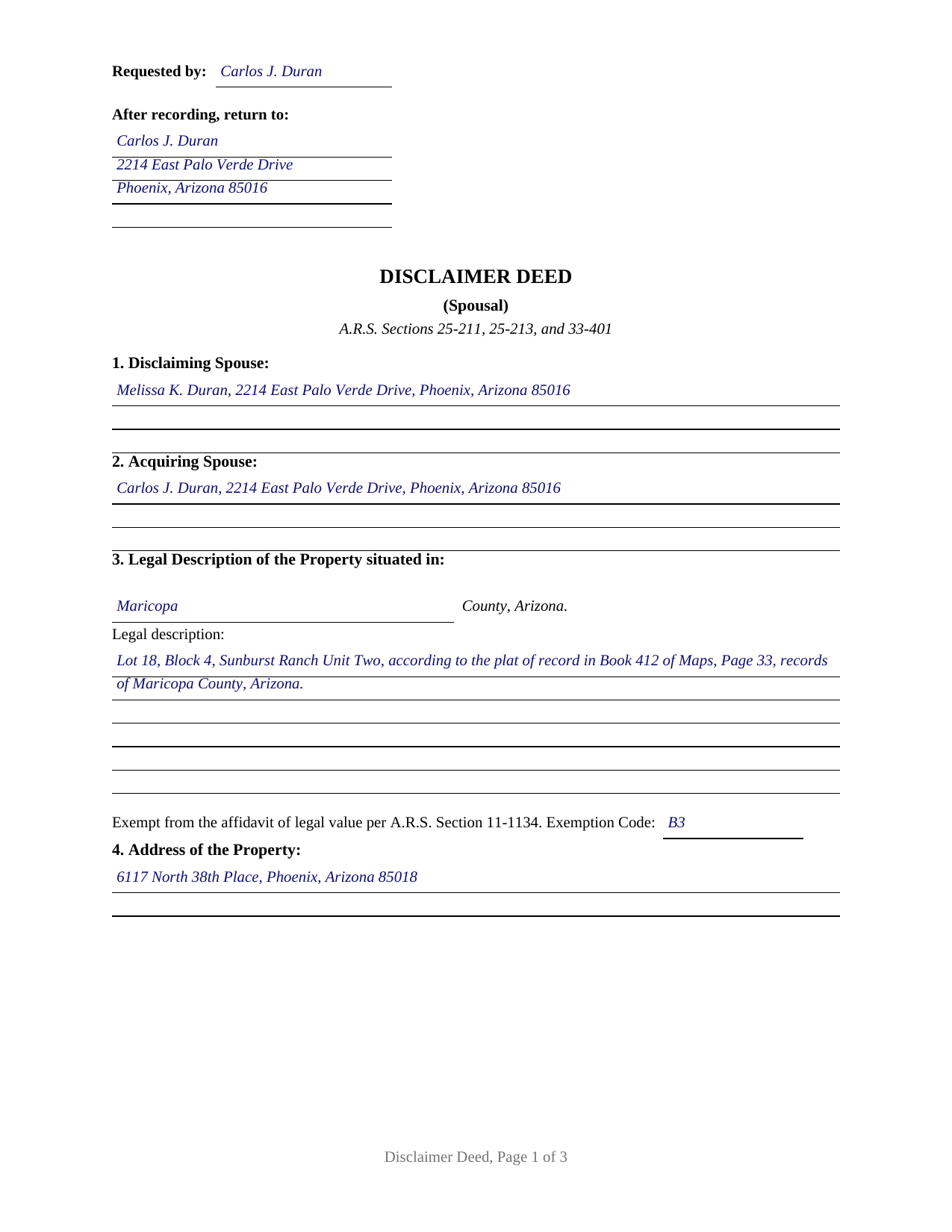 Graham County Completed Example of the Disclaimer Deed (Spousal) Document