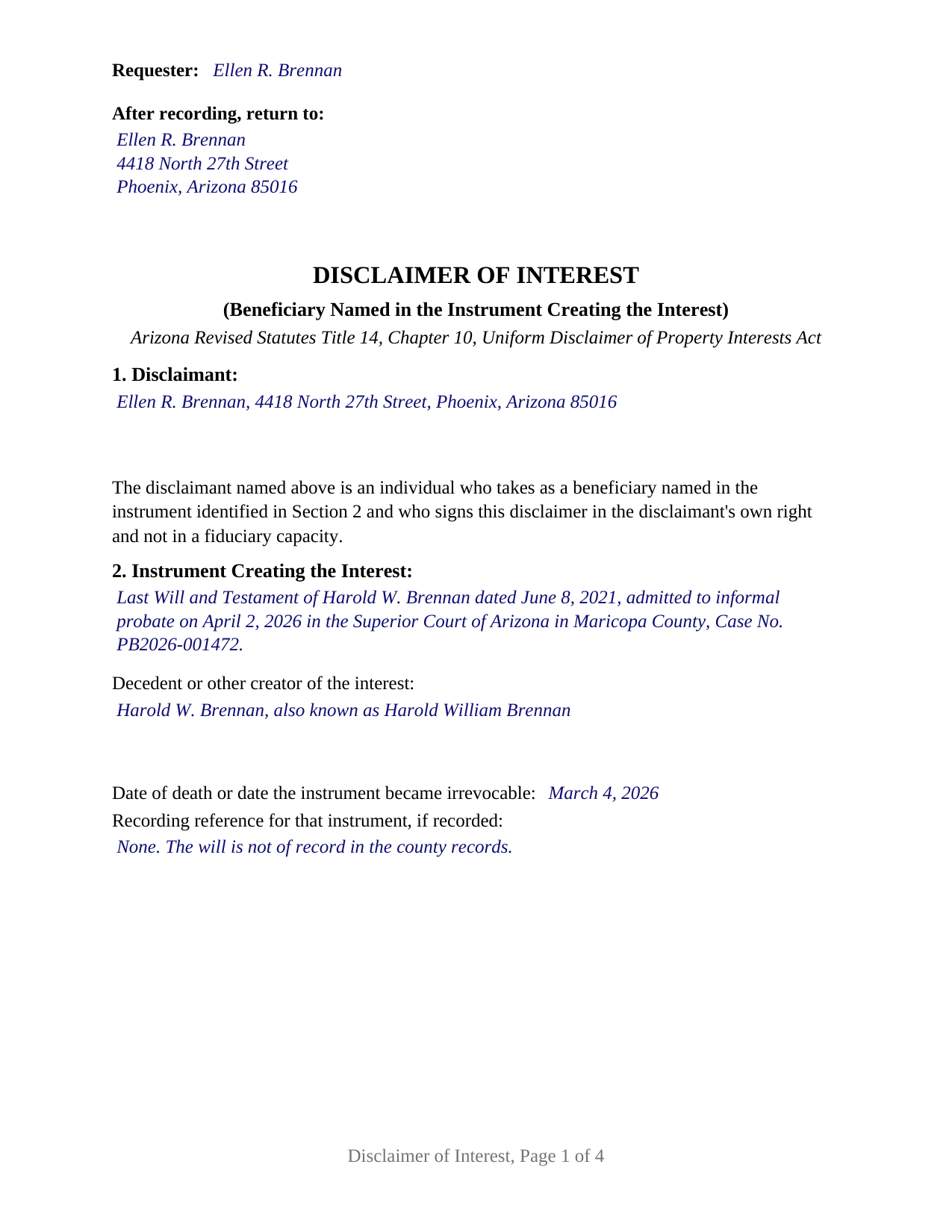Coconino County Completed Example of the Disclaimer of Interest (Beneficiary) Document