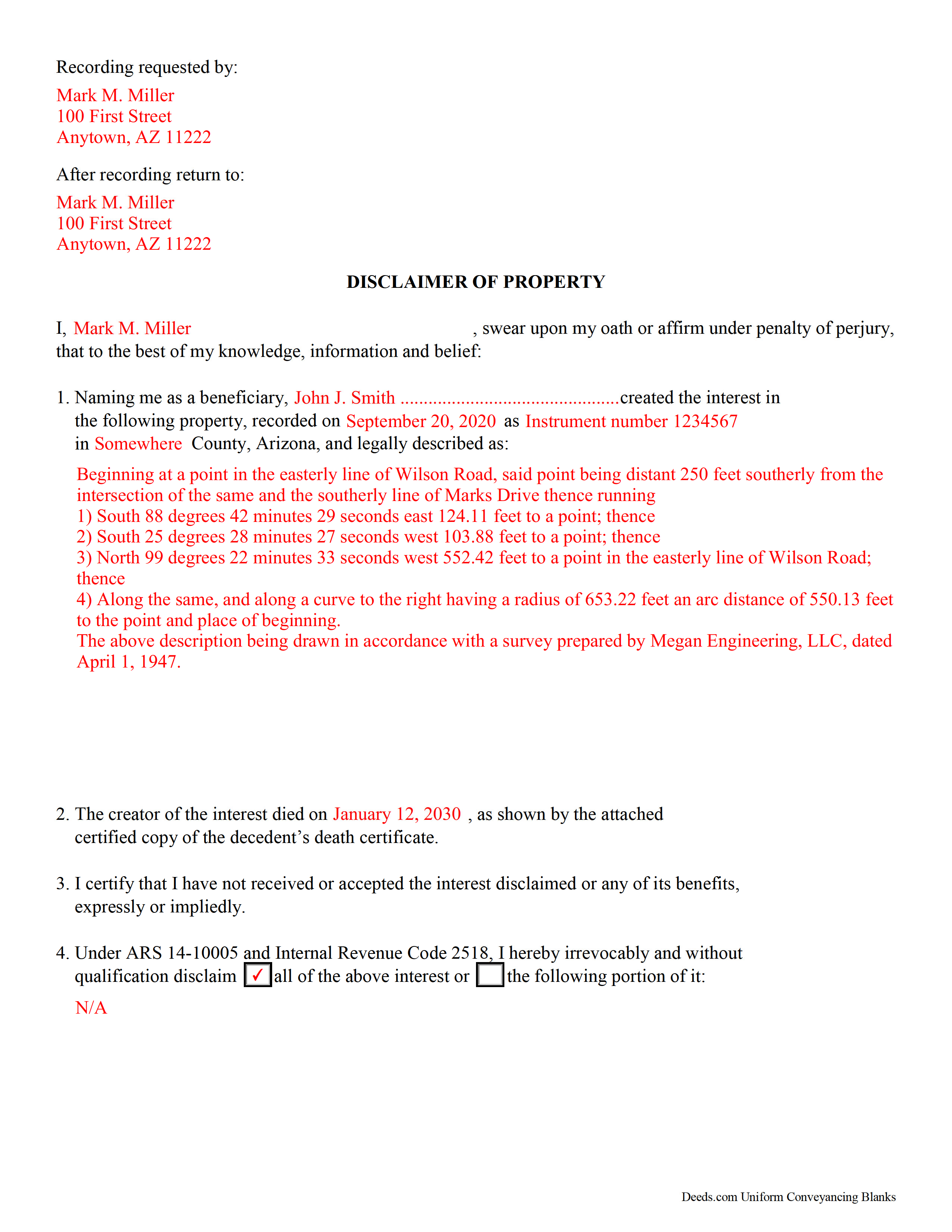 Pinal County Completed Example of the Disclaimer of Interest Document
