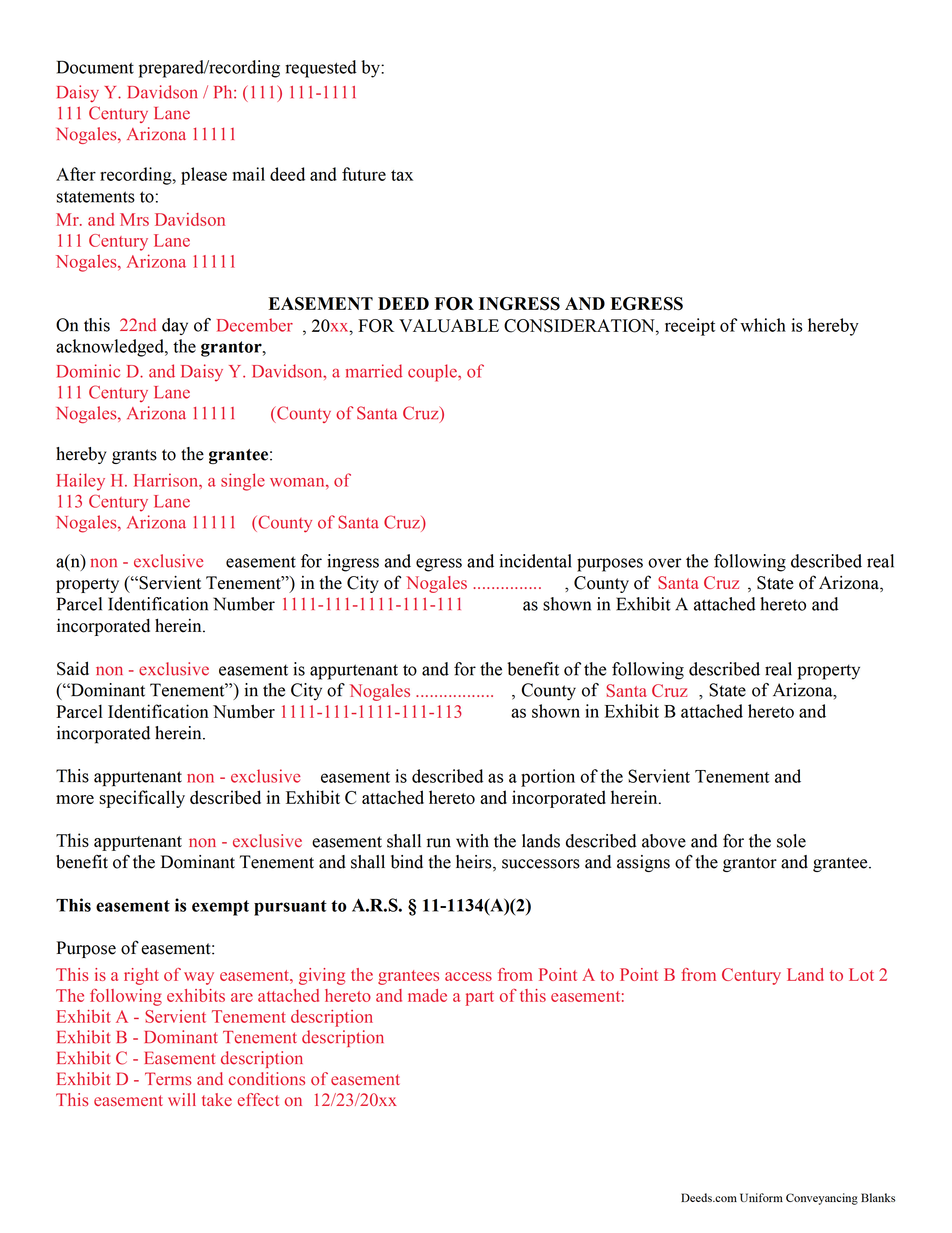 Completed Example of the Easement Deed Document