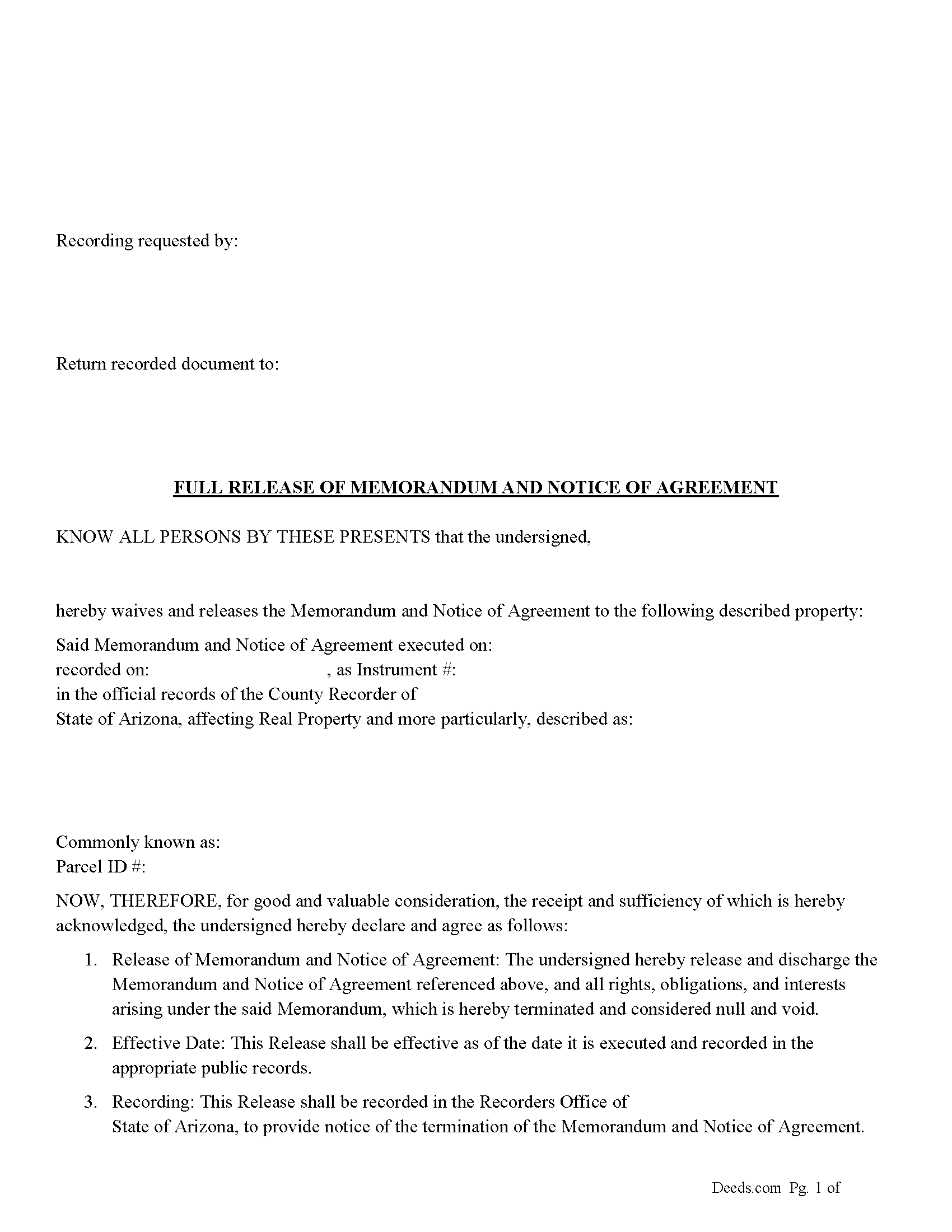 Yavapai County Full Release of Memorandum And Notice of Agreement Form