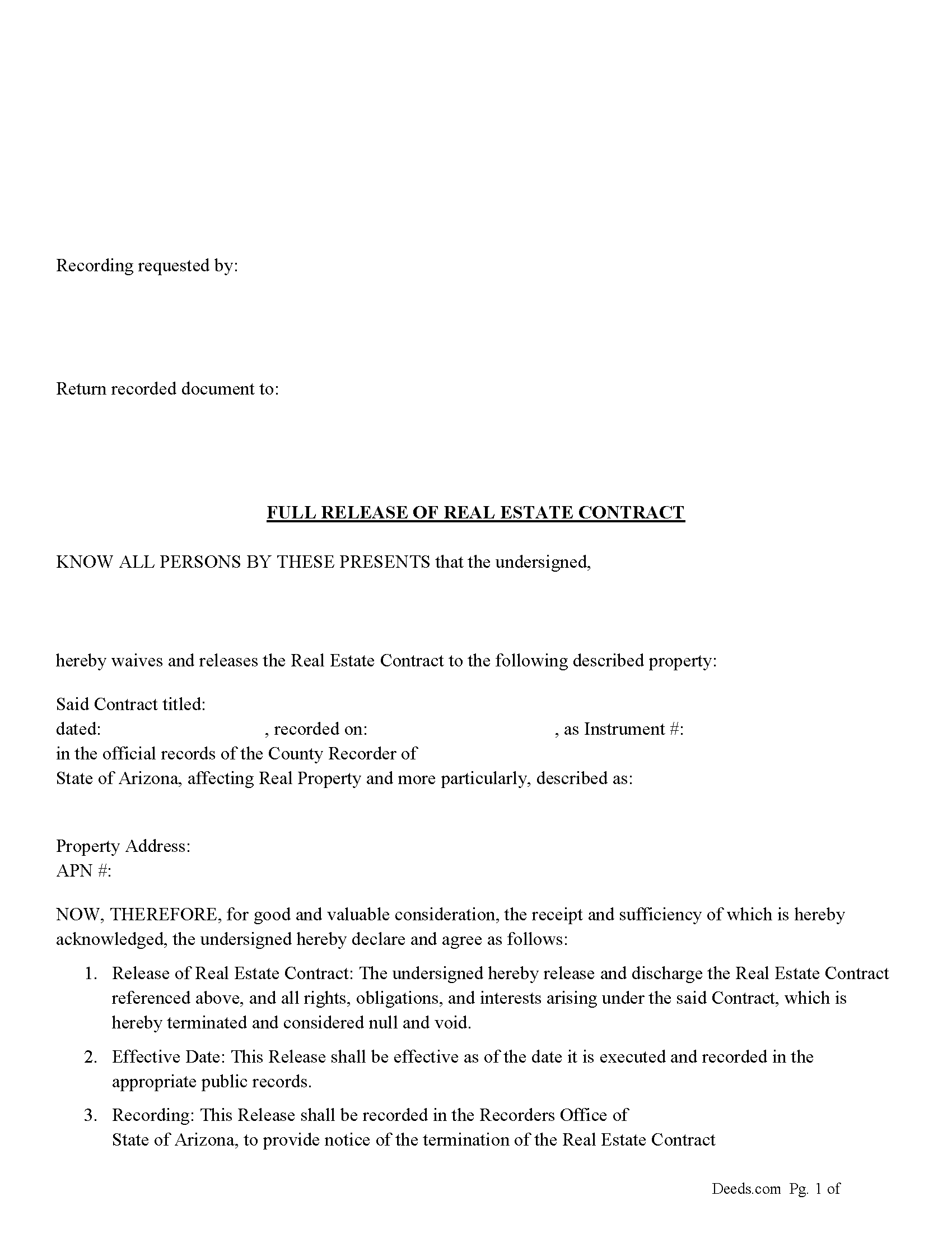 Pima County Full Release of Real Estate Contract Form