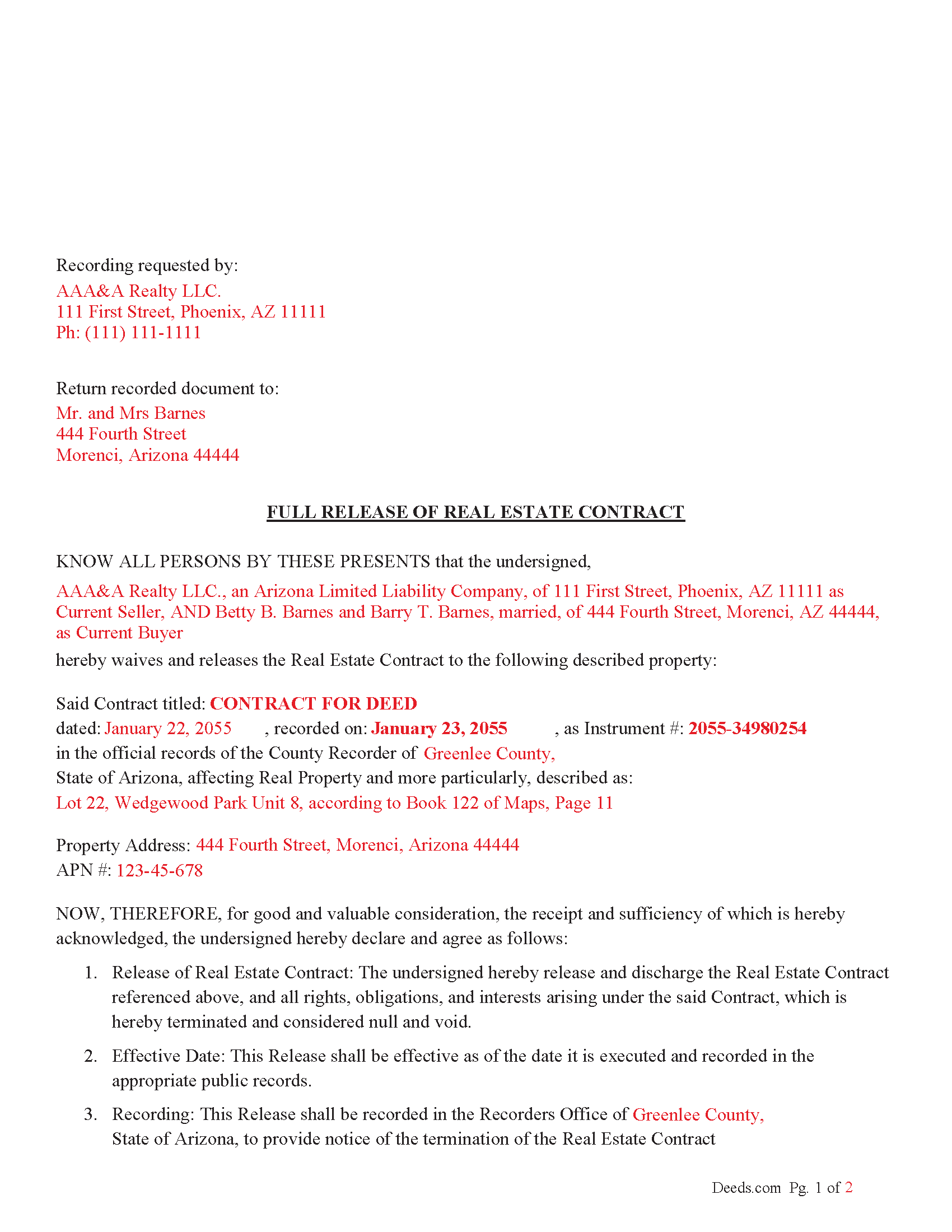Pima County Completed Example of the Full Release of Real Estate Contract Document