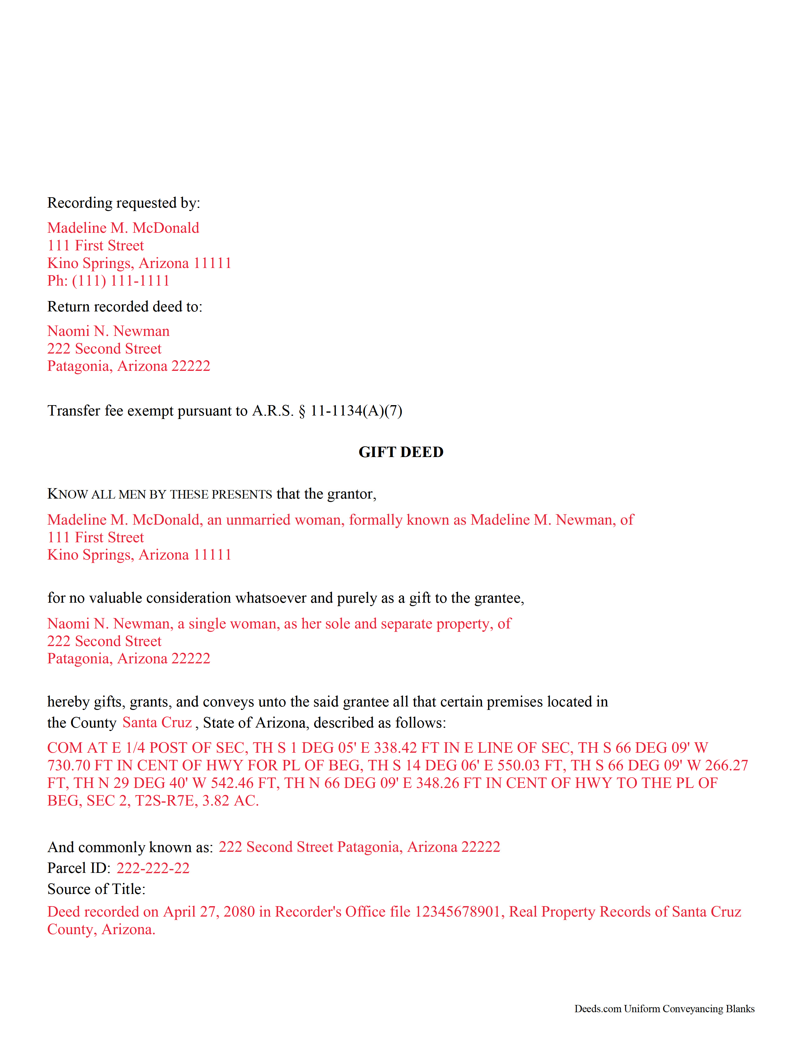 Maricopa County Completed Example of the Gift Deed Document