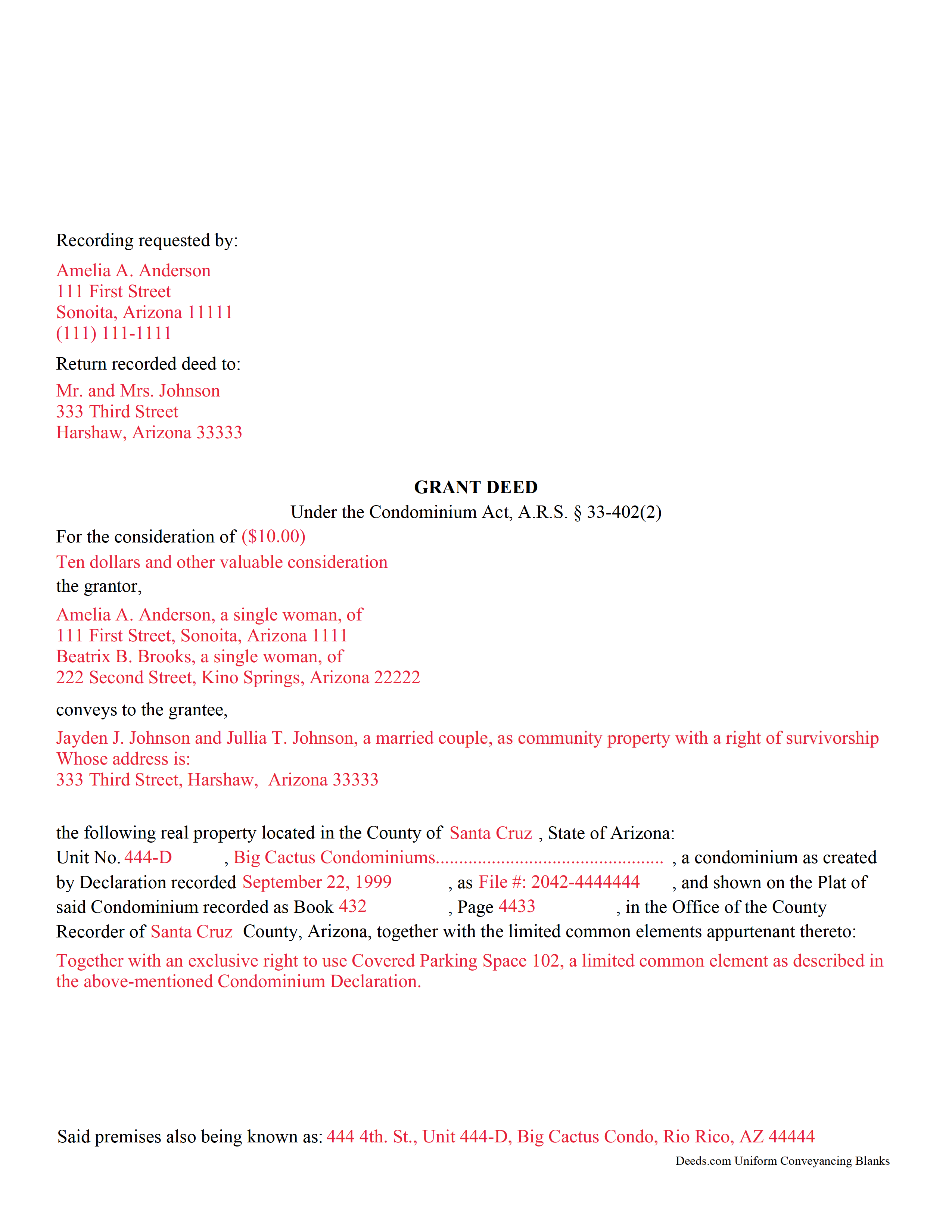 La Paz County Completed Example of the Grant Deed Condominium Document