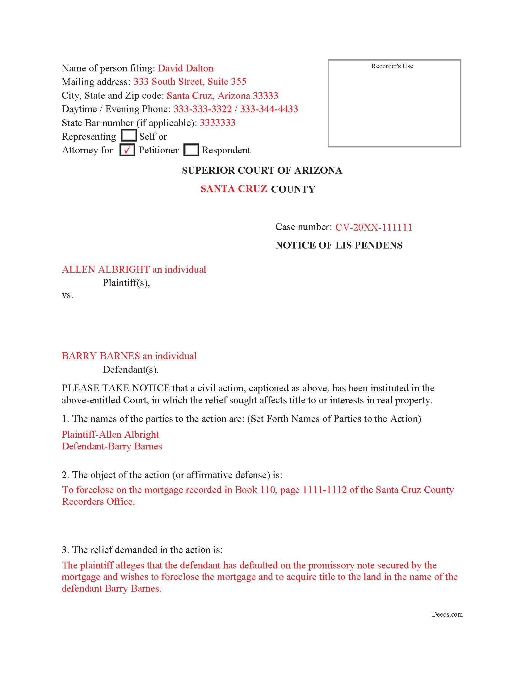 Mohave County Completed Example of the Lis Pendens Document