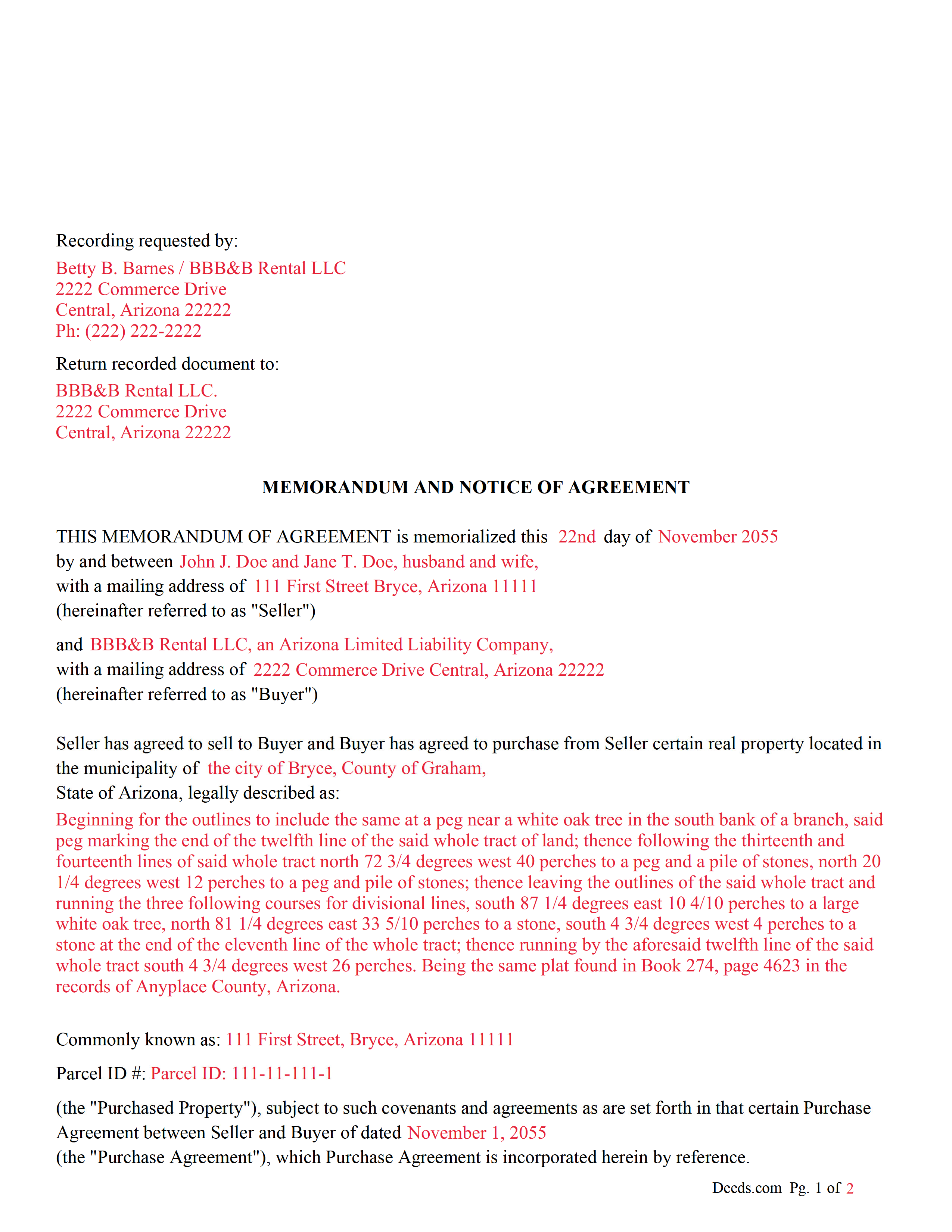 Completed Example of the Memorandum and Notice of Agreement Document