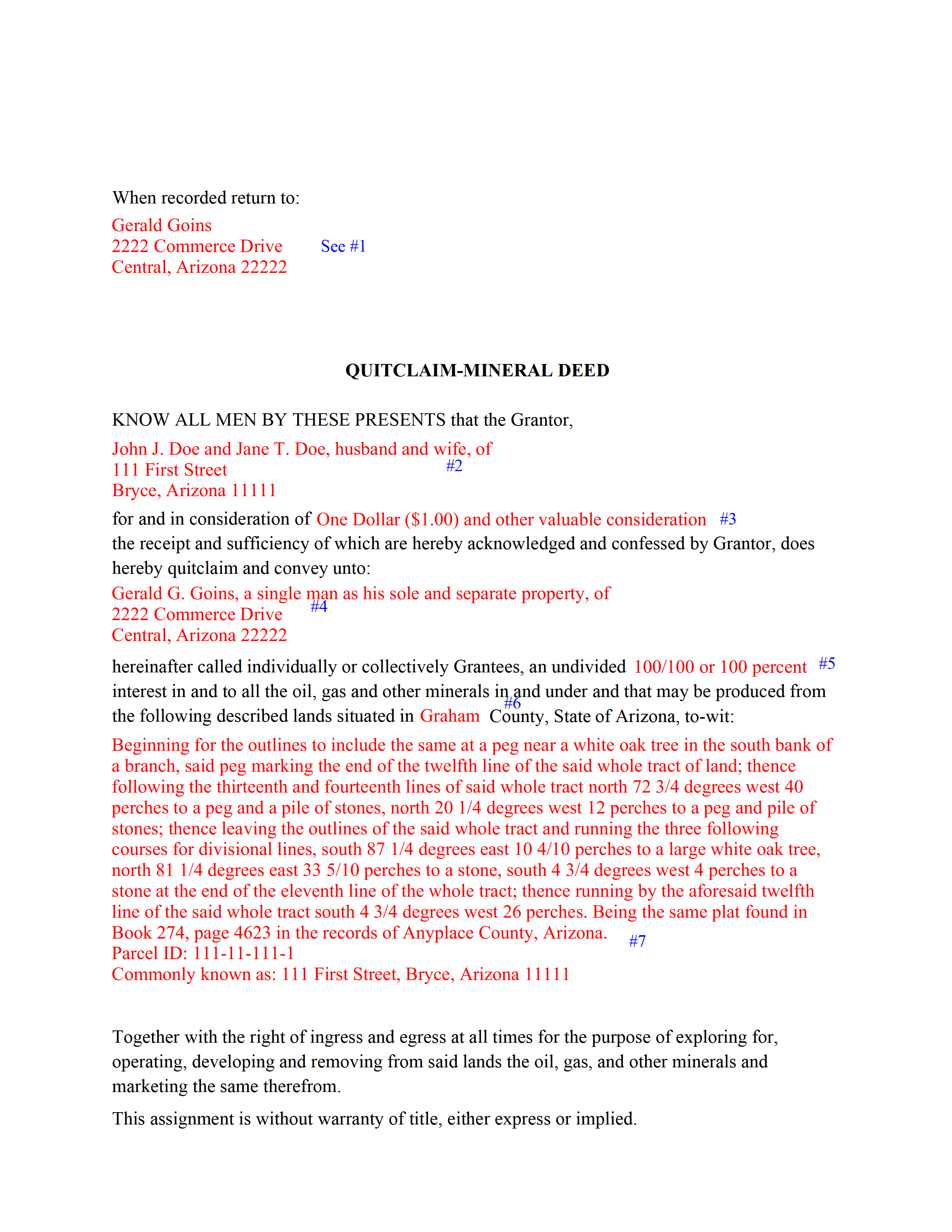 Pima County Completed Example of the Mineral Quitclaim Deed Document