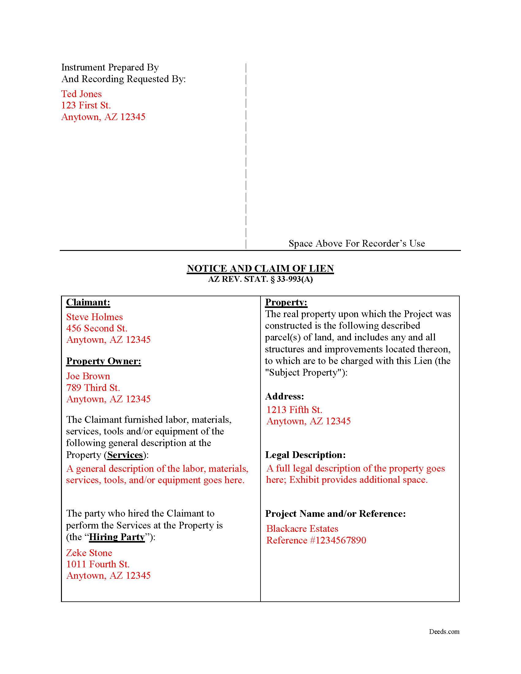 Yavapai County Completed Example of the Notice and Claim of Mechanics Lien Document