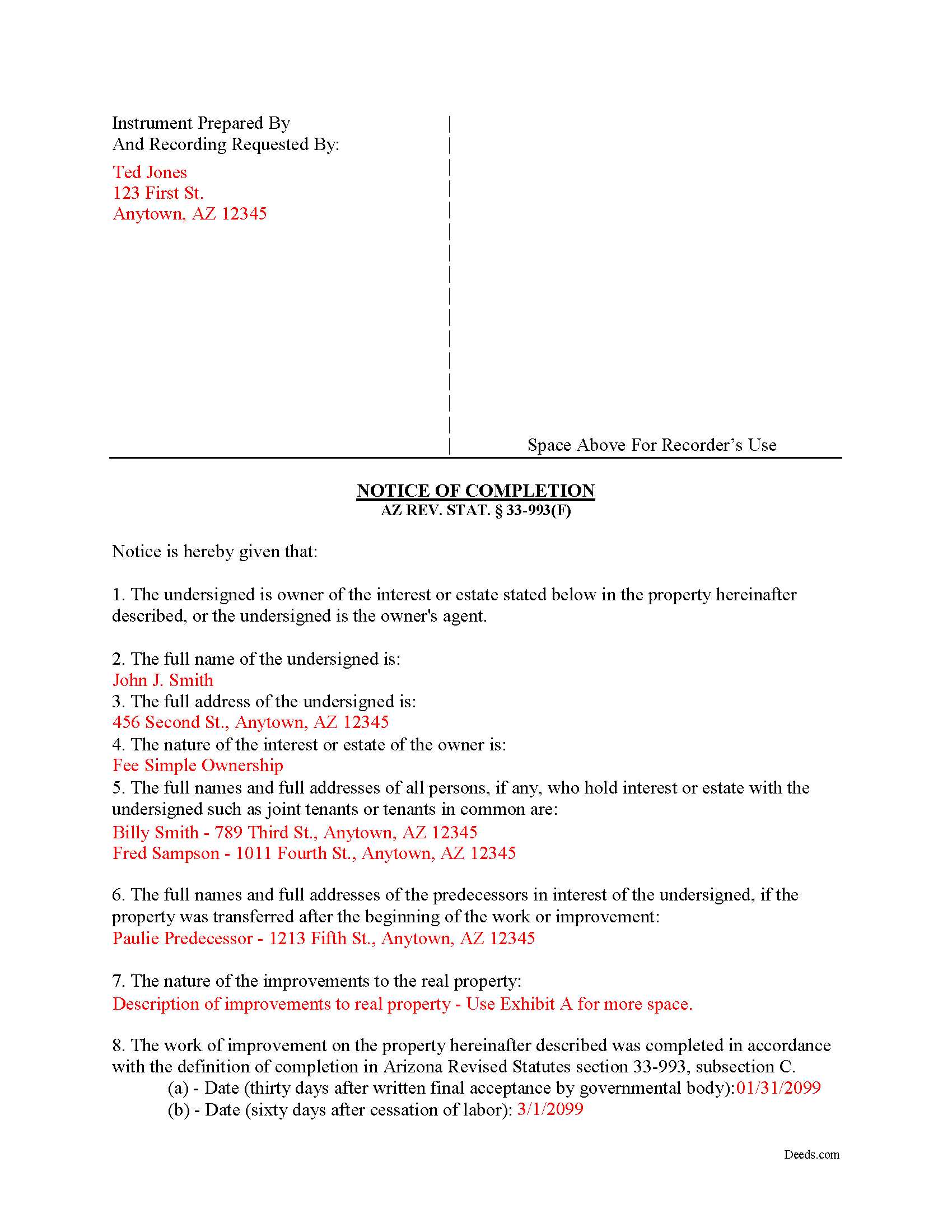 Completed Example of the Notice of Completion Document