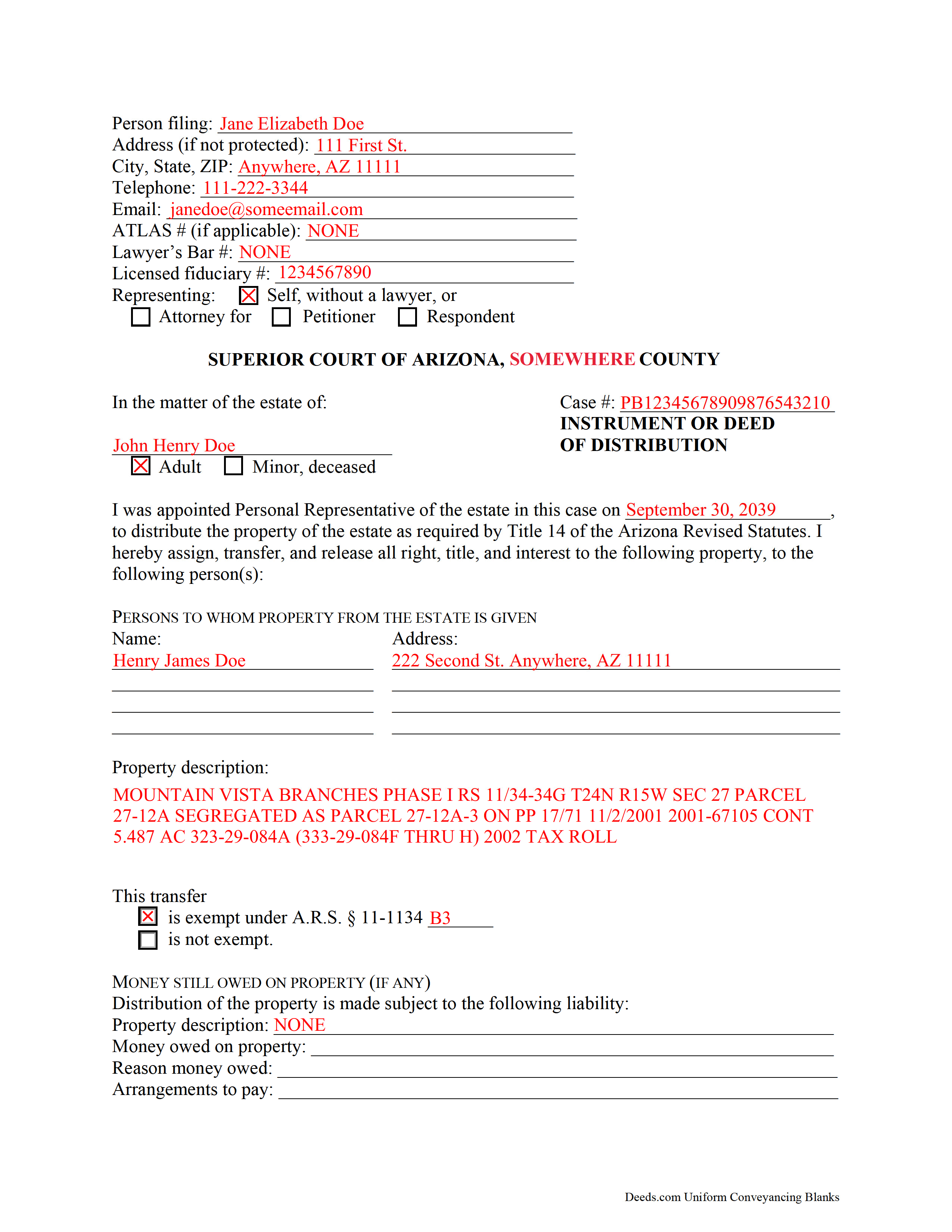 Gila County Completed Example of the Personal Representative Deed Document