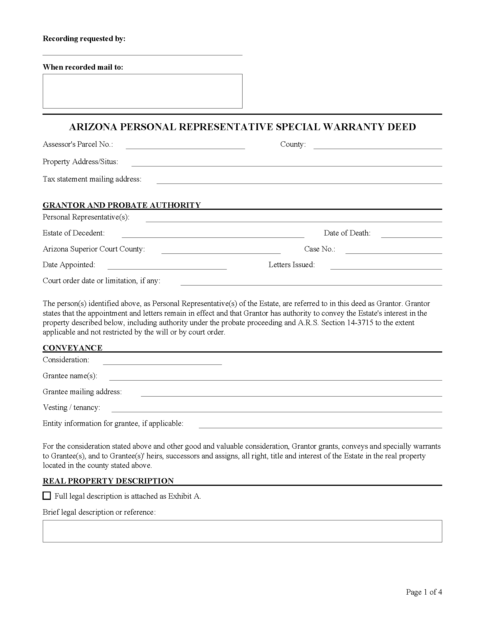Graham County Personal Representative Special Warranty Deed Form