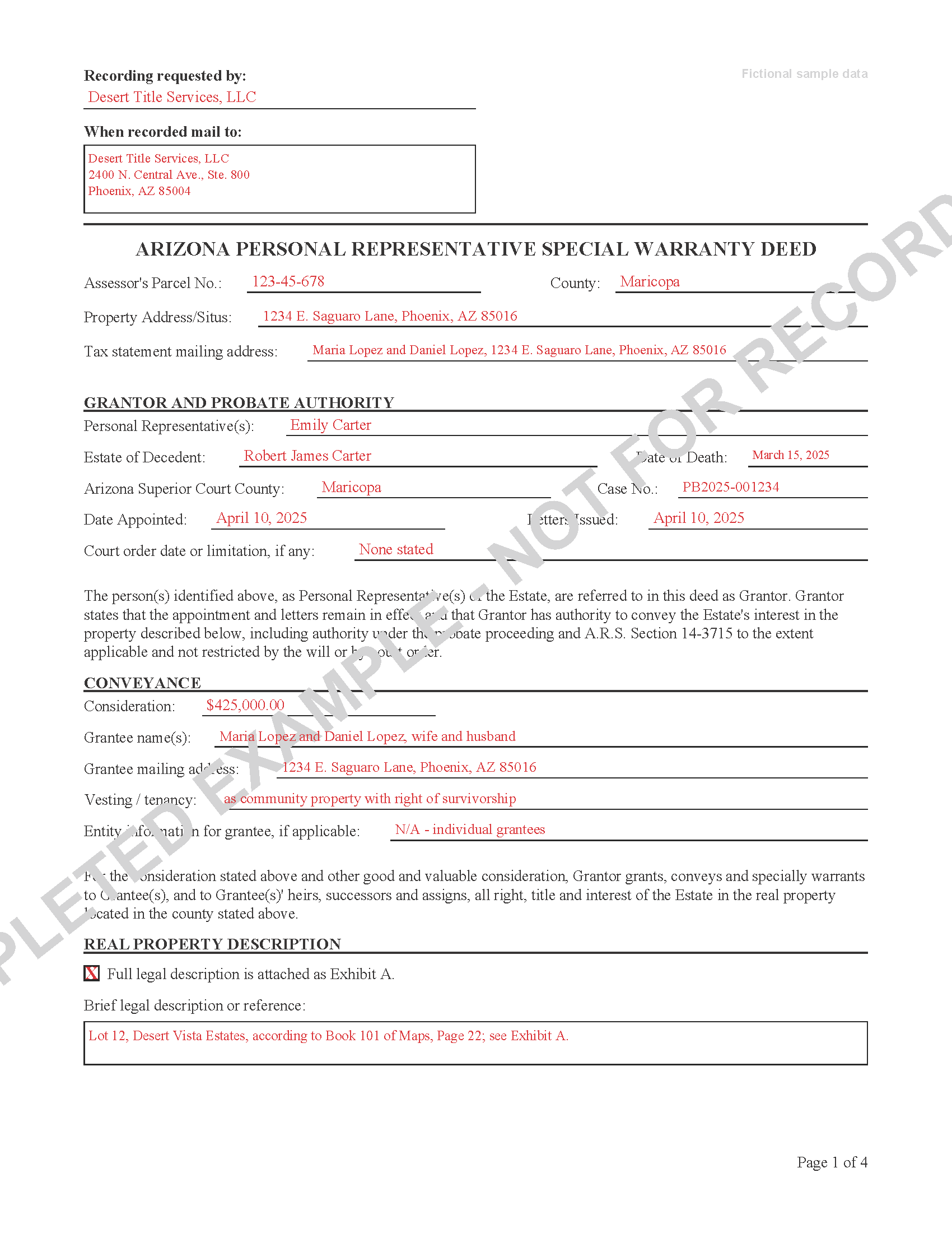 Graham County Completed Example of the Personal Representative Special Warranty Deed Document