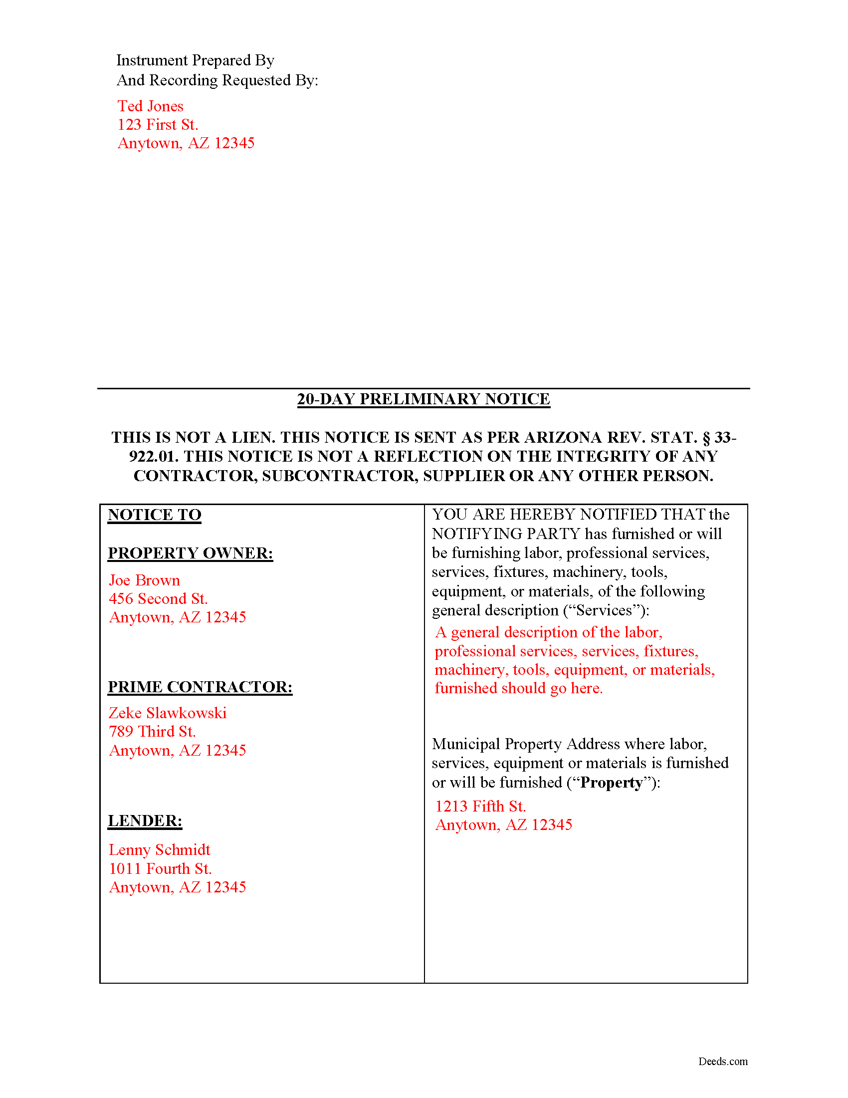 Completed Example of the Preliminary Notice of Mechanics Lien Document