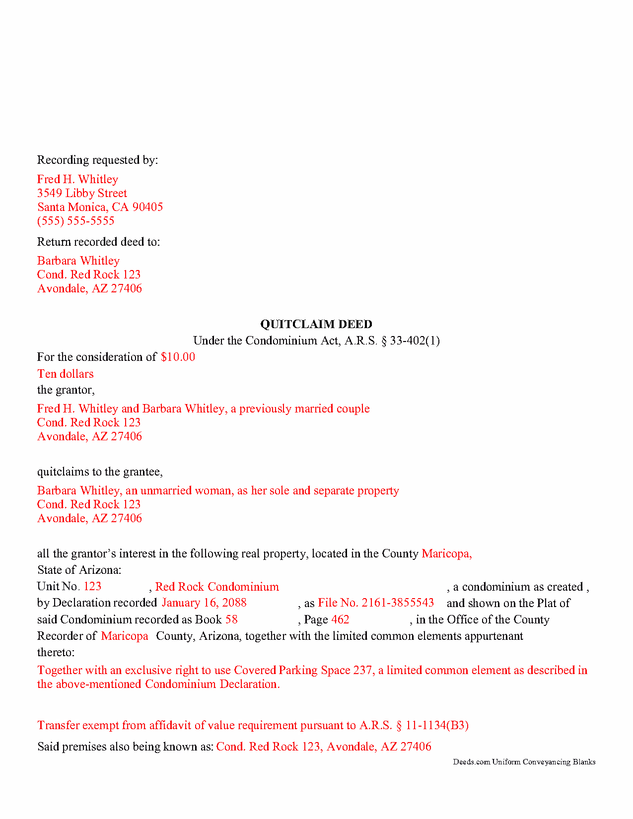 Completed Example of the Quitclaim Deed Condominium Document