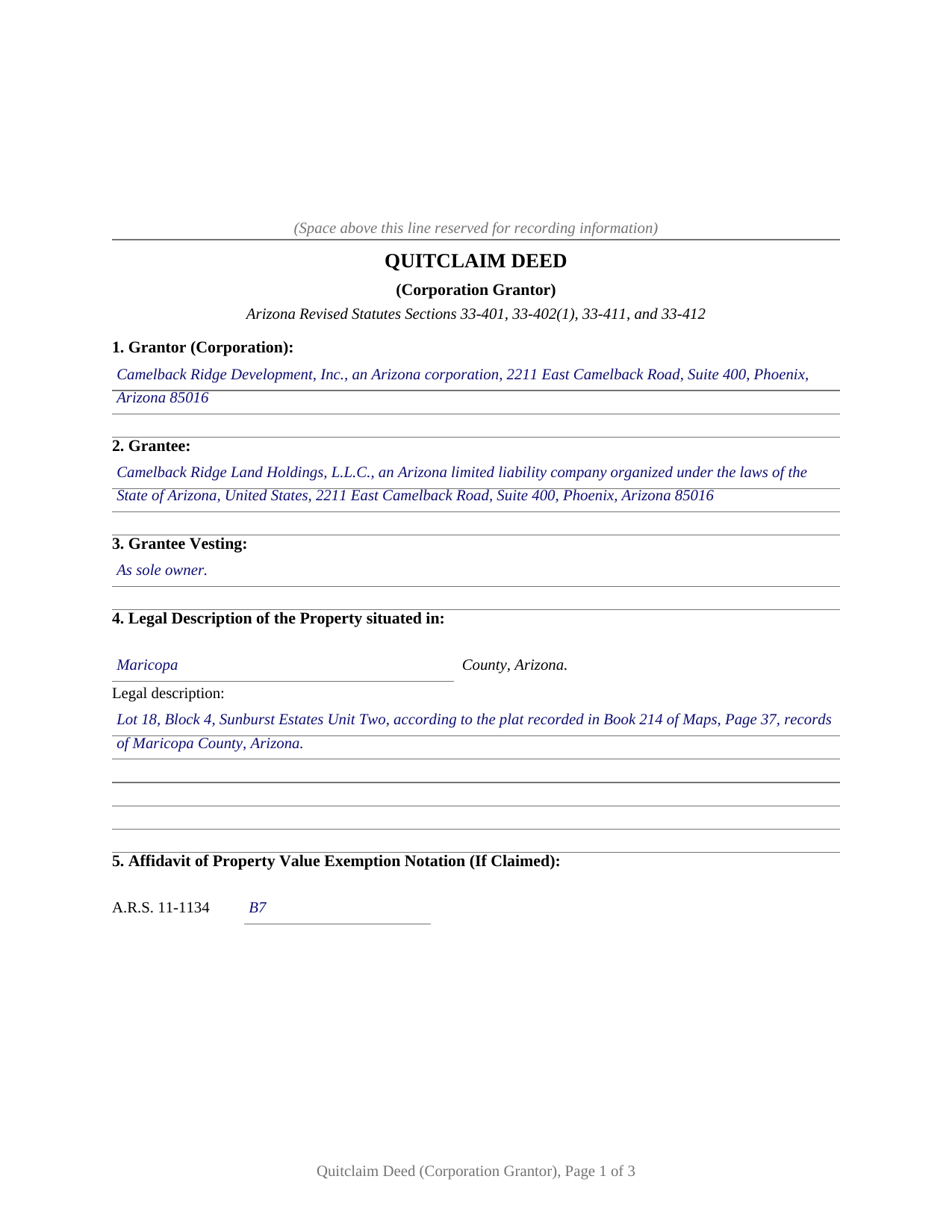 Yuma County Completed Example of the Quitclaim Deed (Corporation Grantor) Document