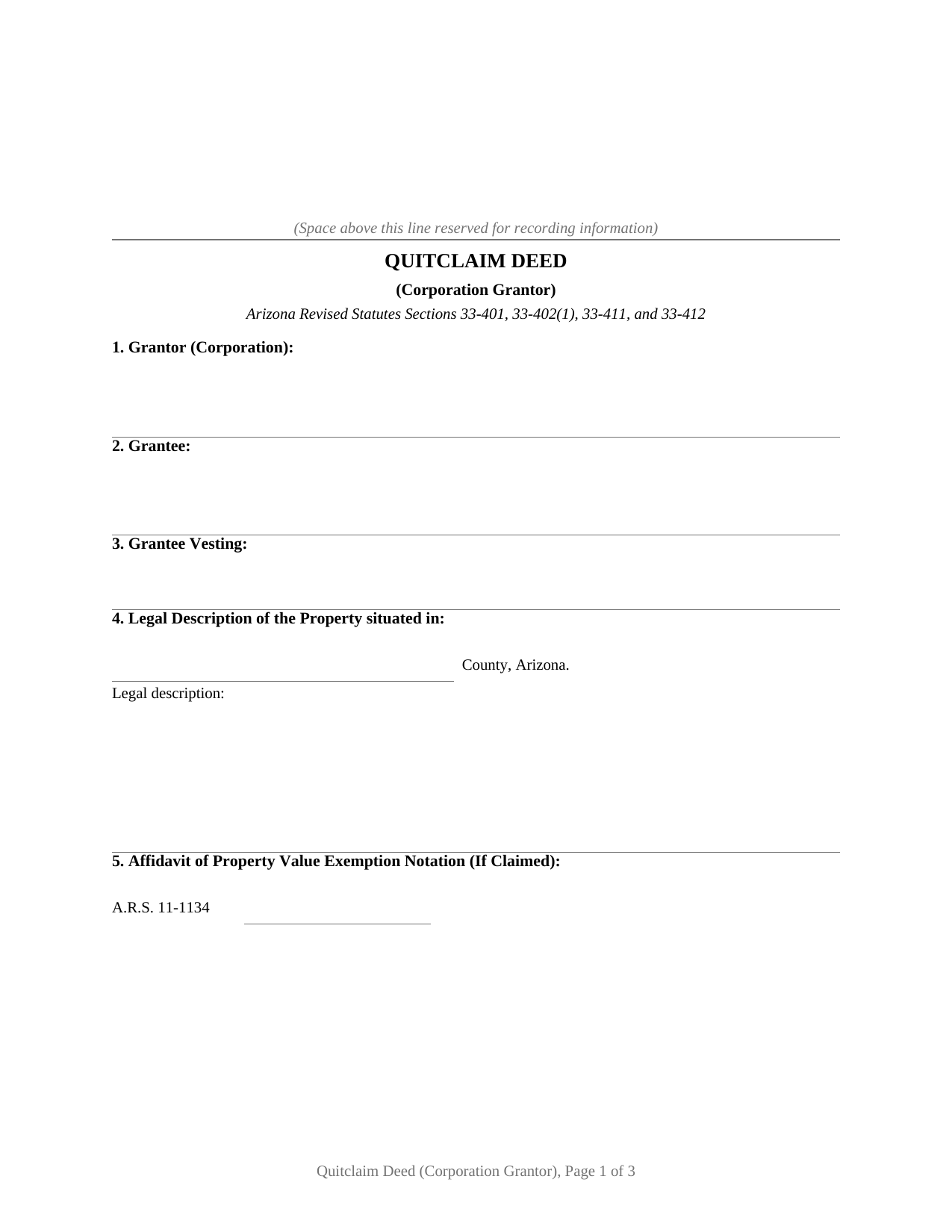 Yuma County Quitclaim Deed (Corporation Grantor) Form