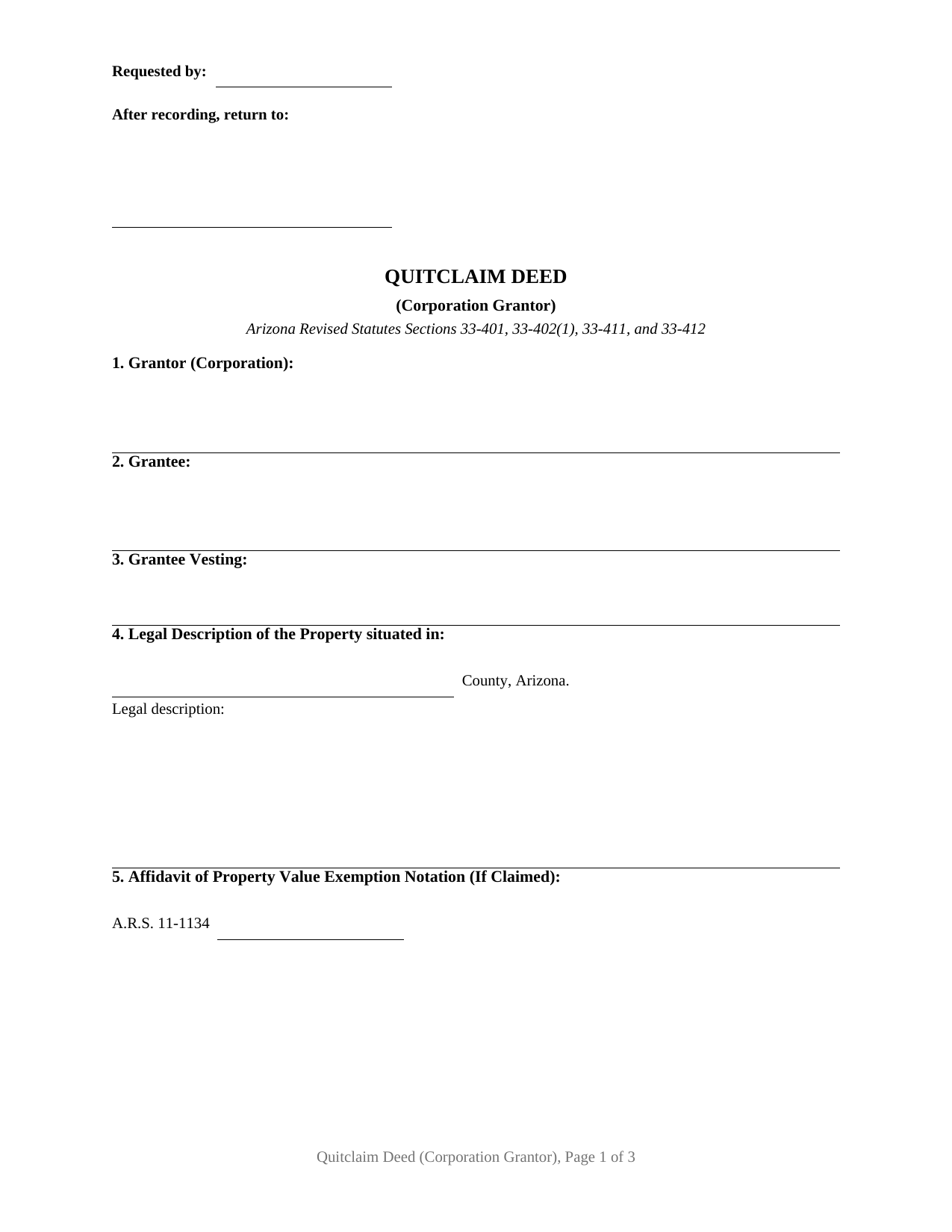 Coconino County Quitclaim Deed (Corporation Grantor) Form