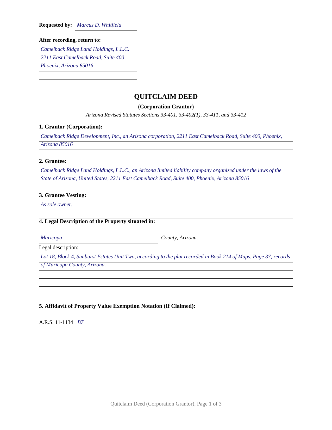 Coconino County Completed Example of the Quitclaim Deed (Corporation Grantor) Document