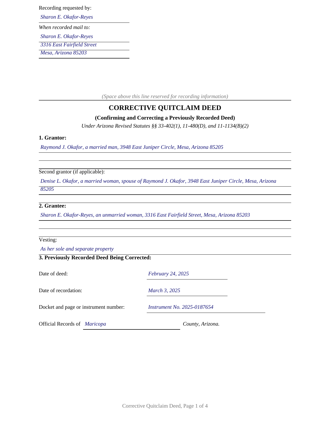 Gila County Completed Example of the Quitclaim Deed (Corrective) Document