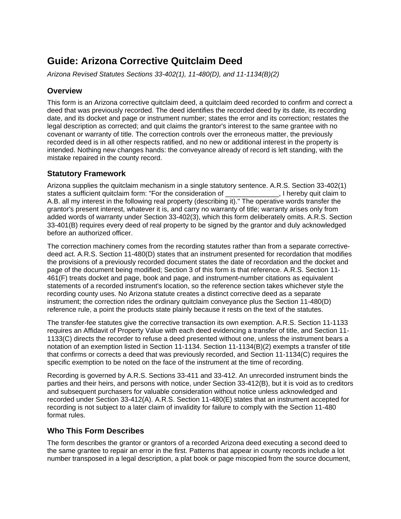 Pinal County Quitclaim Deed (Corrective) Guide