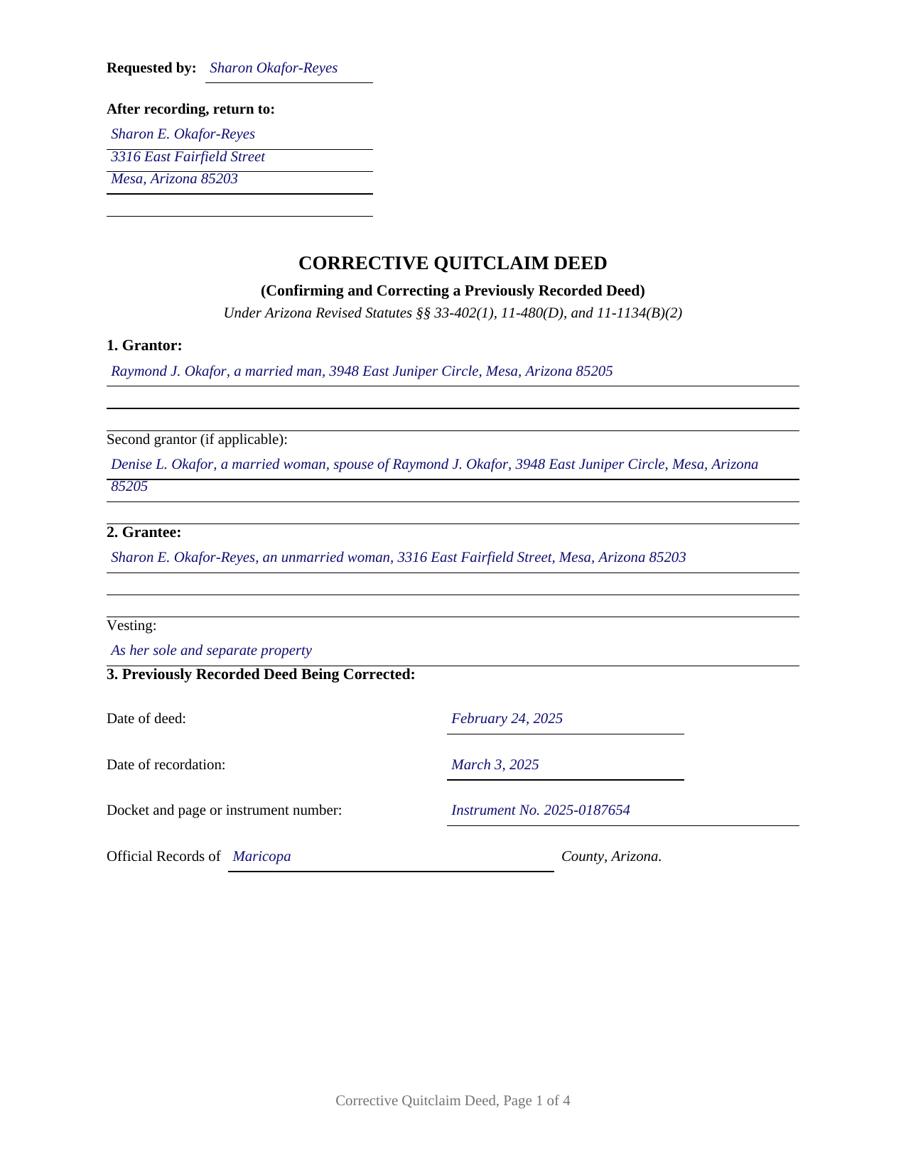 Pinal County Completed Example of the Quitclaim Deed (Corrective) Document