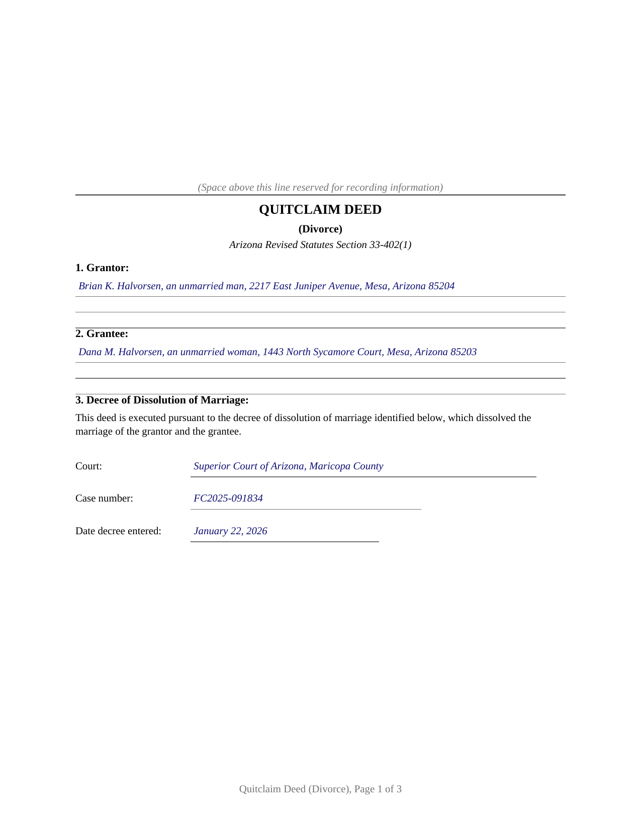 Gila County Completed Example of the Quitclaim Deed (Divorce) Document