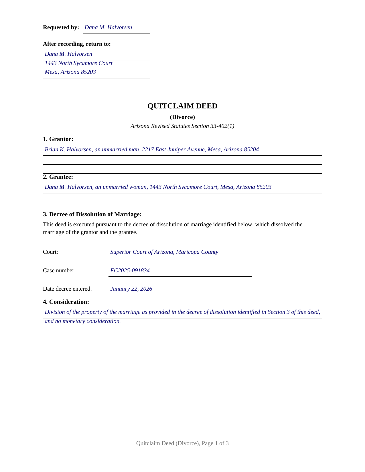 Graham County Completed Example of the Quitclaim Deed (Divorce) Document