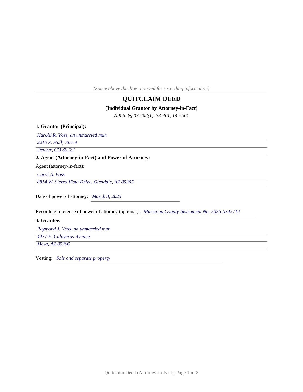 Gila County Completed Example of the Quitclaim Deed (Individual Grantor by Attorney-in-Fact) Document