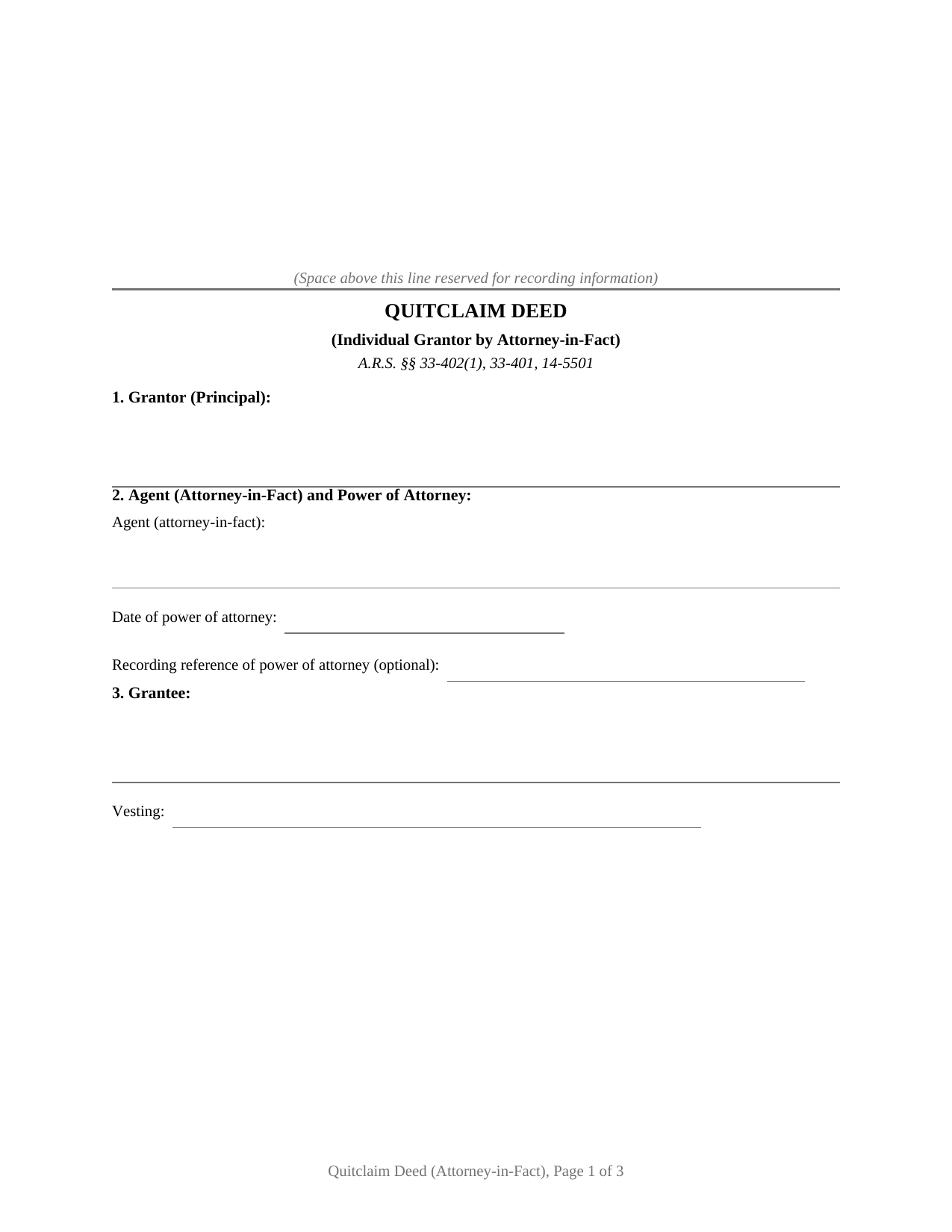 Gila County Quitclaim Deed (Individual Grantor by Attorney-in-Fact) Form