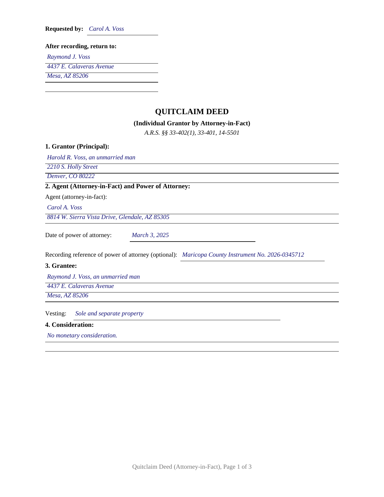 Apache County Completed Example of the Quitclaim Deed (Individual Grantor by Attorney-in-Fact) Document