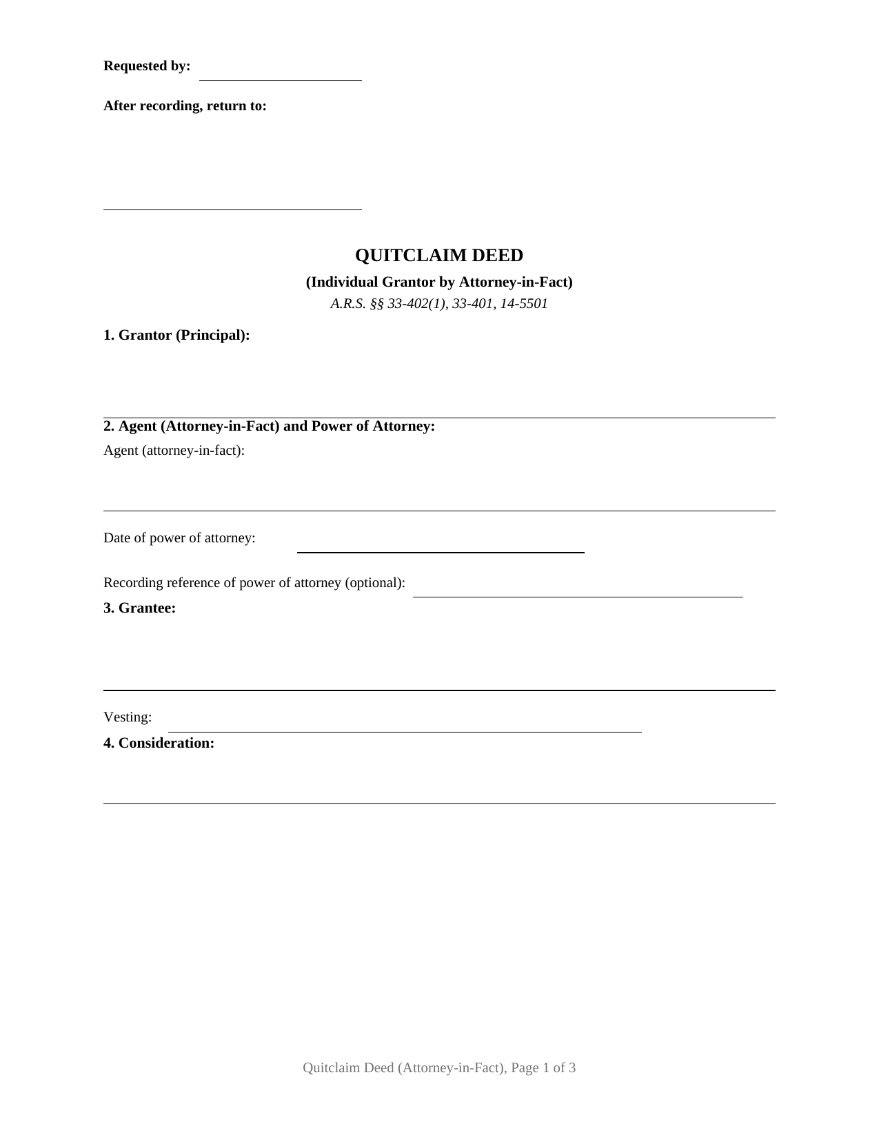 Apache County Quitclaim Deed (Individual Grantor by Attorney-in-Fact) Form