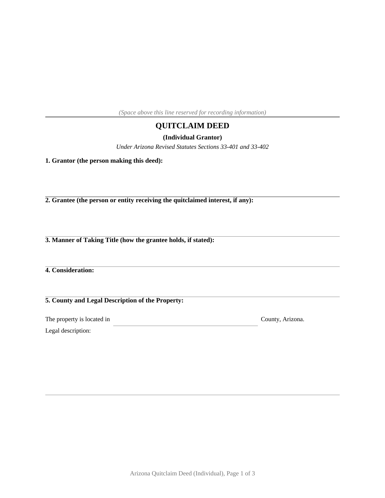 Apache County Quitclaim Deed (Individual Grantor) Form