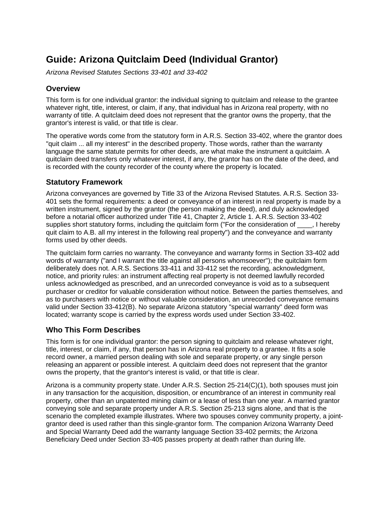 Apache County Quitclaim Deed (Individual Grantor) Guide