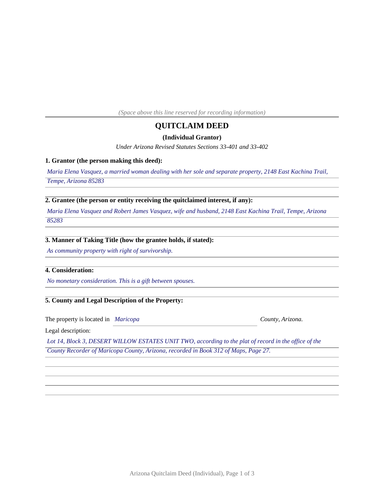 Apache County Completed Example of the Quitclaim Deed (Individual Grantor) Document
