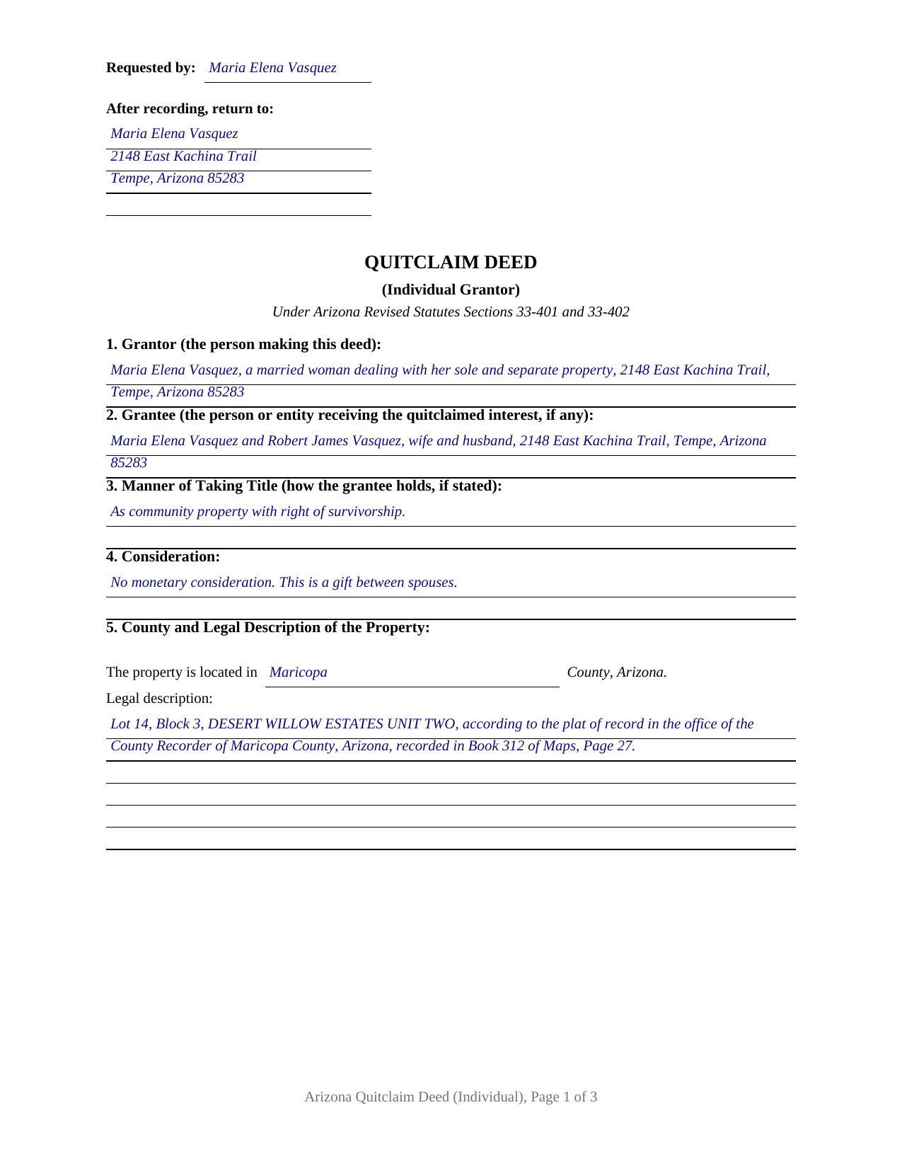 Navajo County Completed Example of the Quitclaim Deed (Individual Grantor) Document